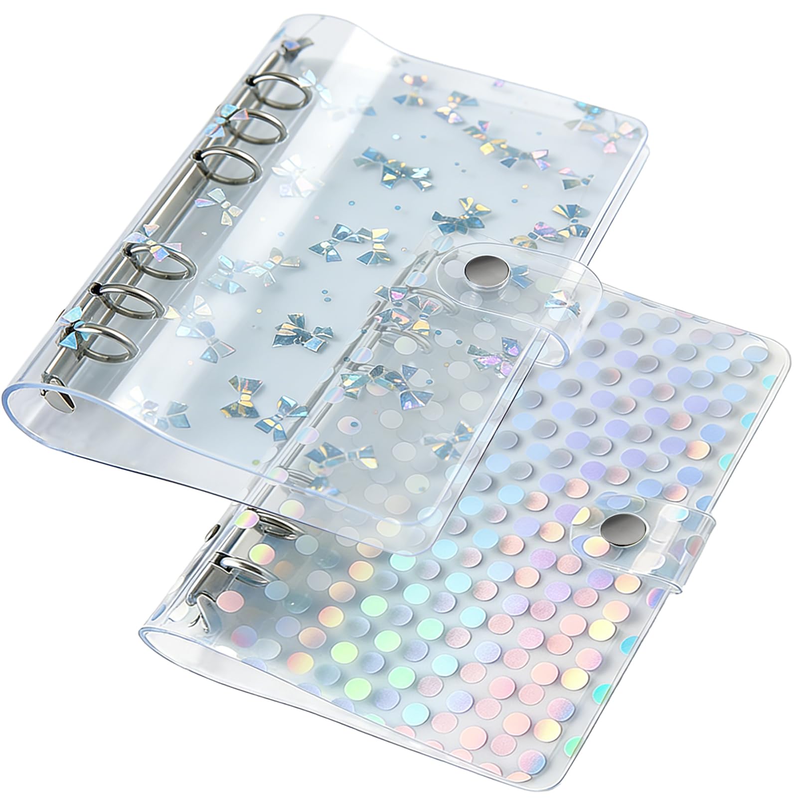 DY.2ten A6 Binder 6 Ring 2 Pack Clear Notebook Cover, Soft PVC (Holographic Round & Bowknot Patterns)