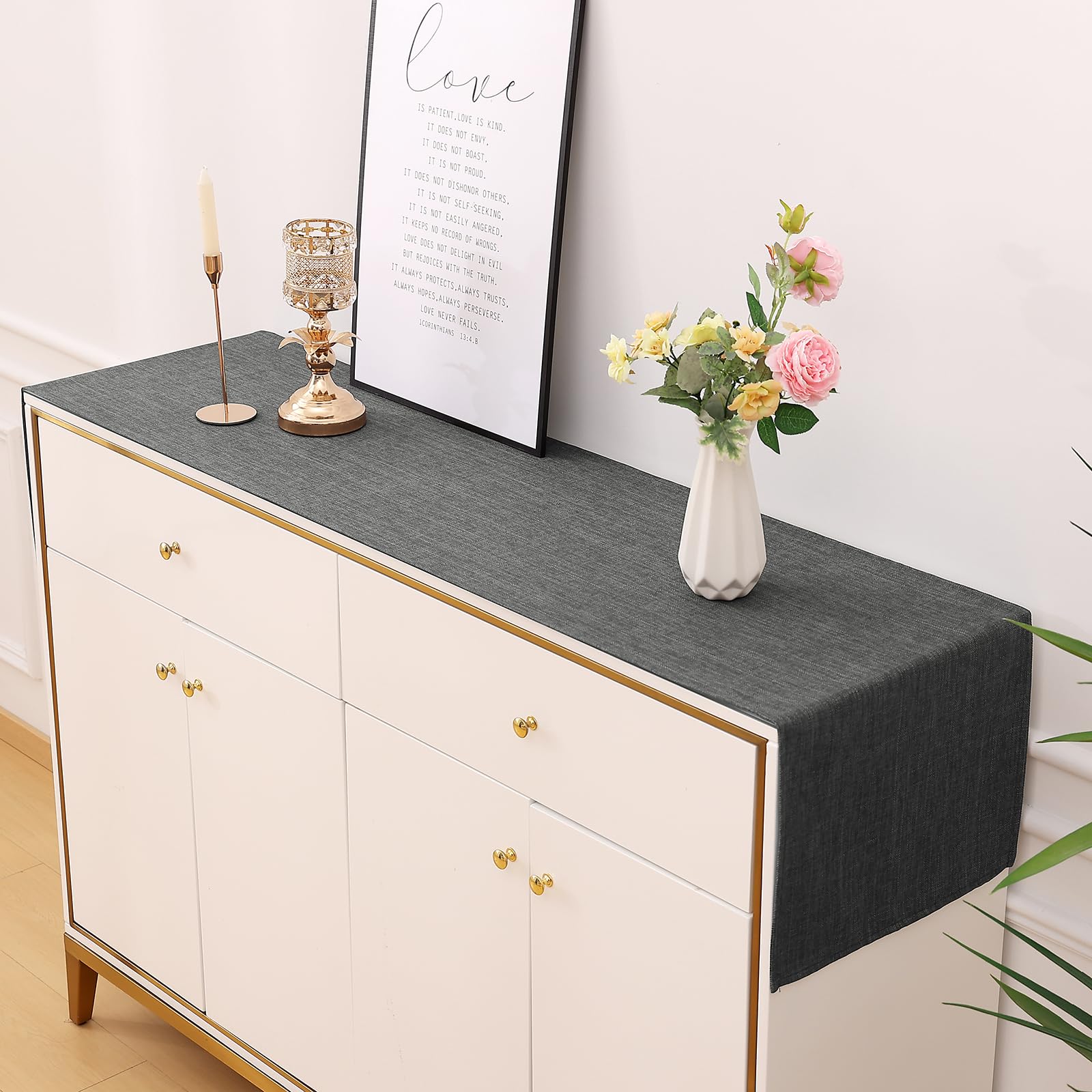 Decomira Tafelloper Waterafstotende Linnenlook - Vlekbescherming, Wasbaar - Als Buitentuintafelkleed Voor Eettafels - Donkergrijs - 40x140 cm