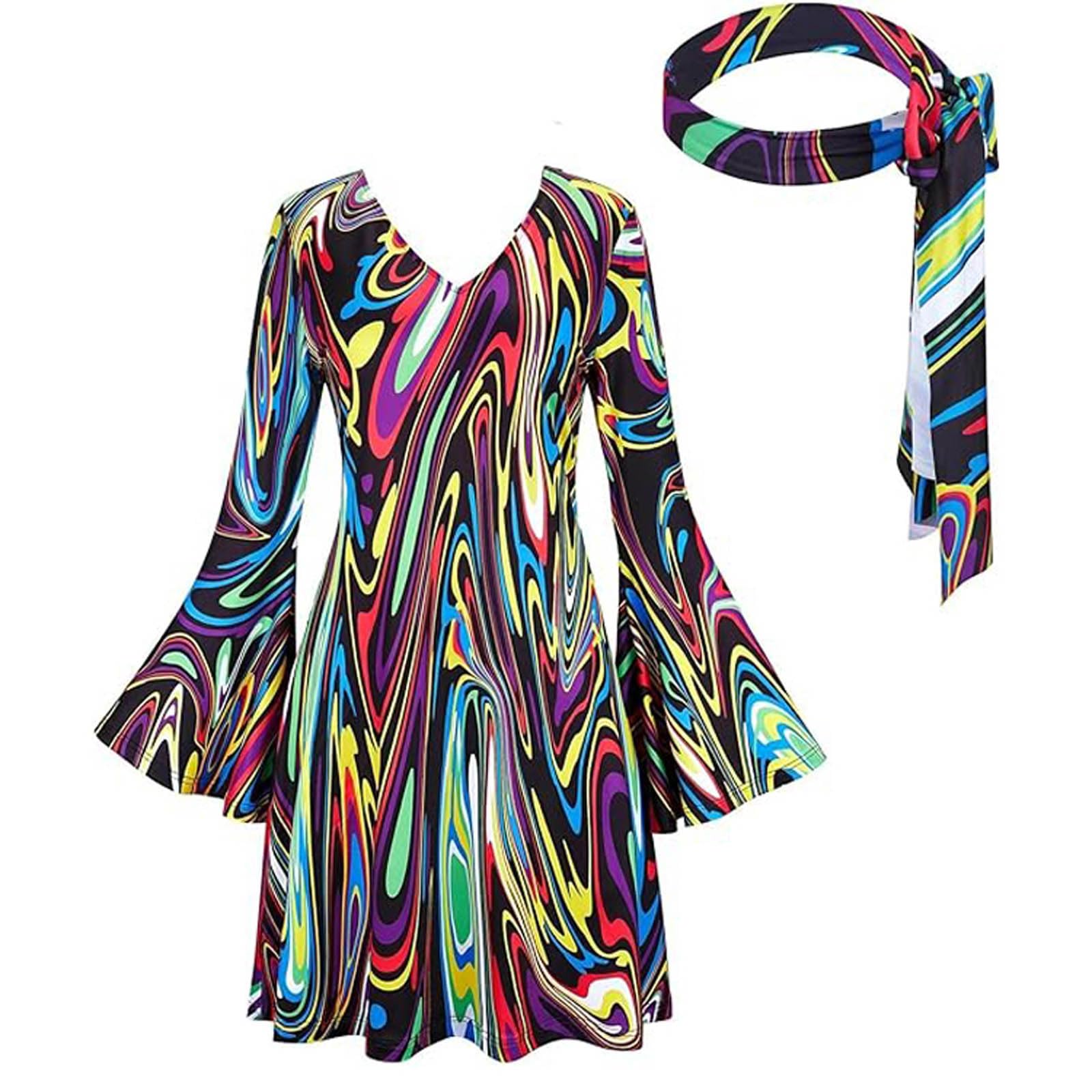 Halloween Costume Women Hippie Dress 70s Retro Psychedelic Print Bell Sleeve Party Dresses Outfit Vintage Fancy Dress Carnival Festival Costume with Headband Accessories for Women Groovy Theme