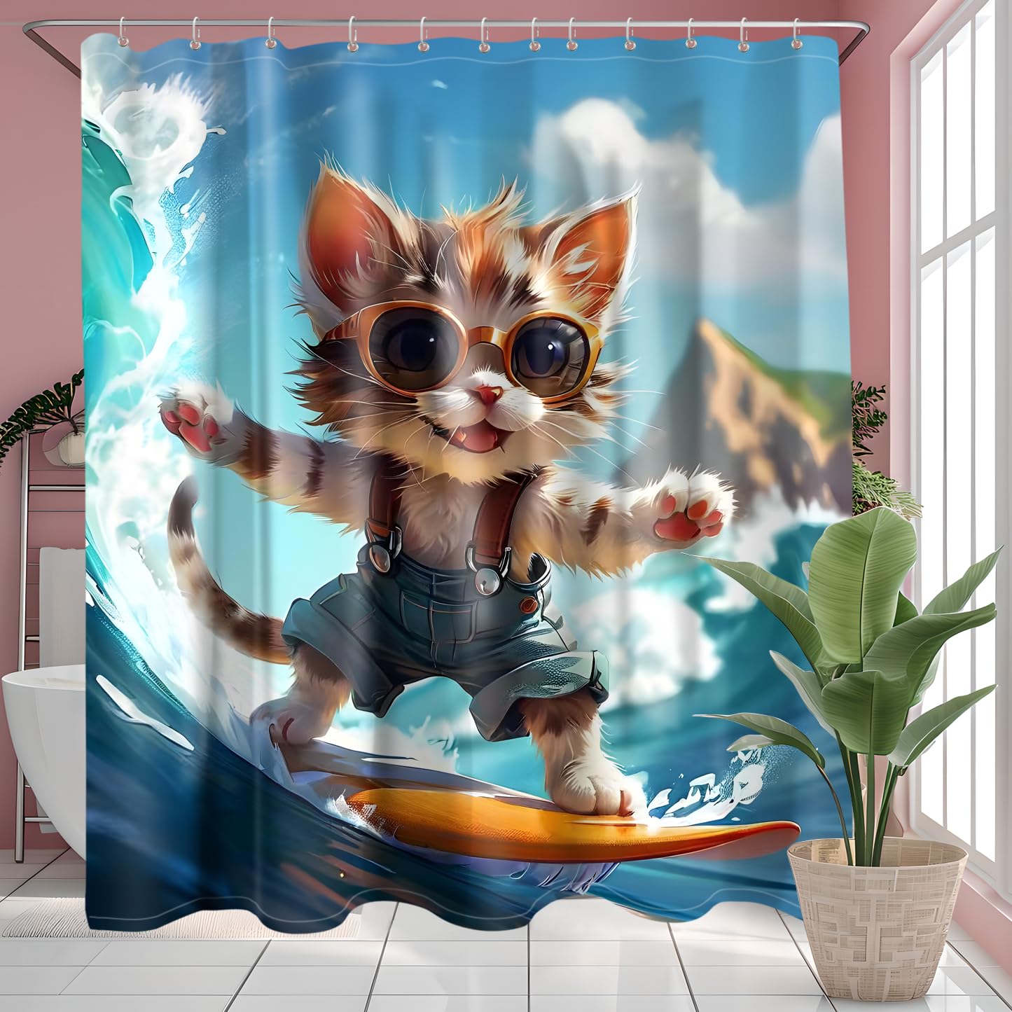 Zabawna zasłona prysznicowa z kotem 200x200cm, urocza kreskówkowa zasłona do wanny, zasłona do wanny z falą morza i oceanu, poliestrowe wodoodporne zasłony łazienkowe dla dziecięcej