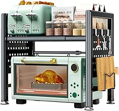 Extendable Microwave Shelf, Adjustable Two Levels Microwave Shelf 40-65 cm, Space Saving Microwave Shelf, Microwave Holder with Rack for Chopping Board, 6 Hooks, Instructions (Black)
