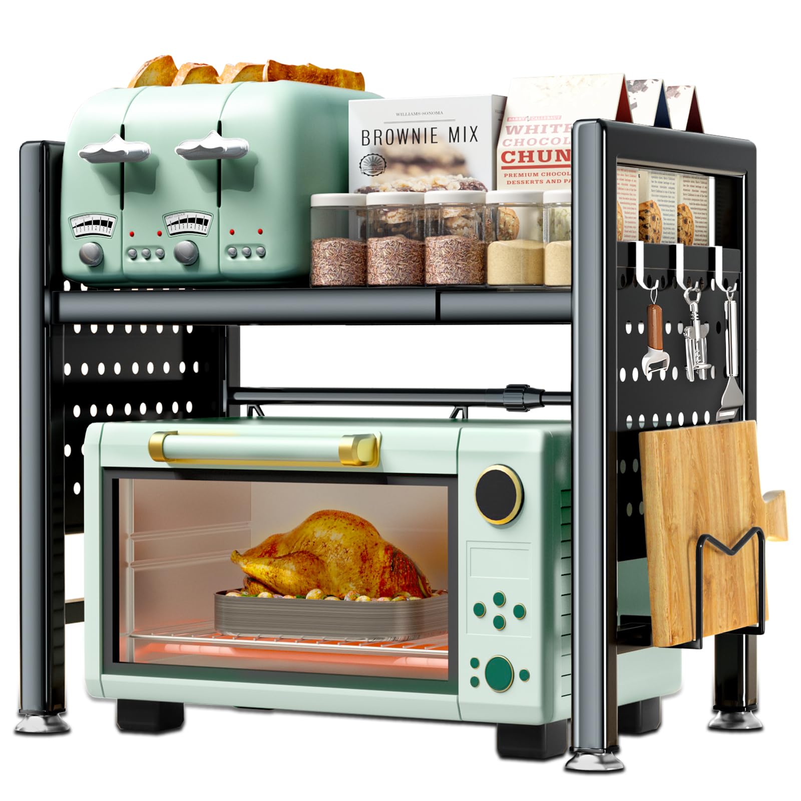 BBLTIFF Soporte Extensible para Microondas de 2 Niveles, Soporte Microondas Extensible 40-65cm, Estante Microondas, Mueble para Microondas con Soporte para Tabla de Cortar, 6 Ganchos (Negro)