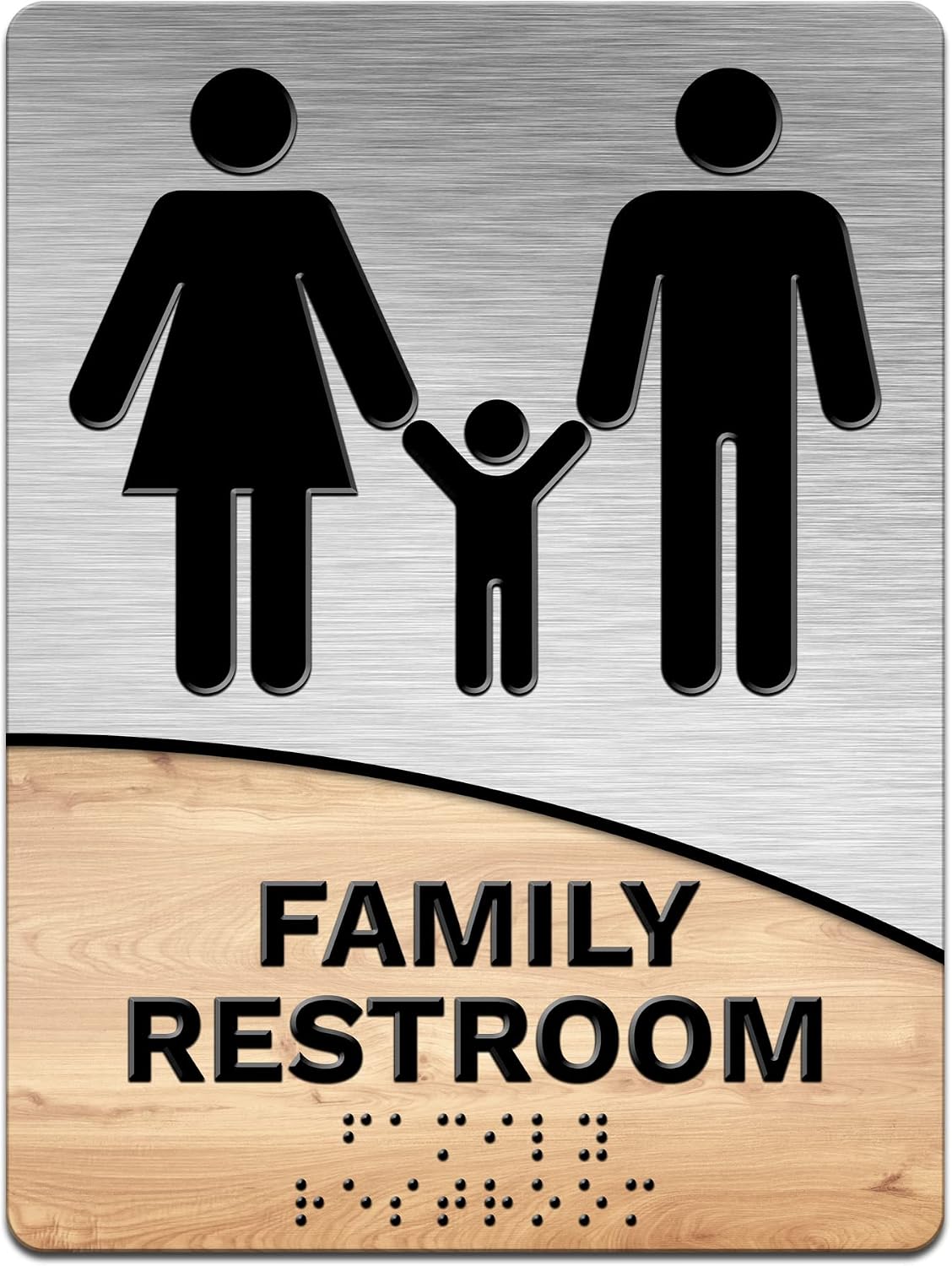 Modern Office Business Restroom Sign - Family - 6"x8" Brushed Steel + Wood Look - ADA Compliant