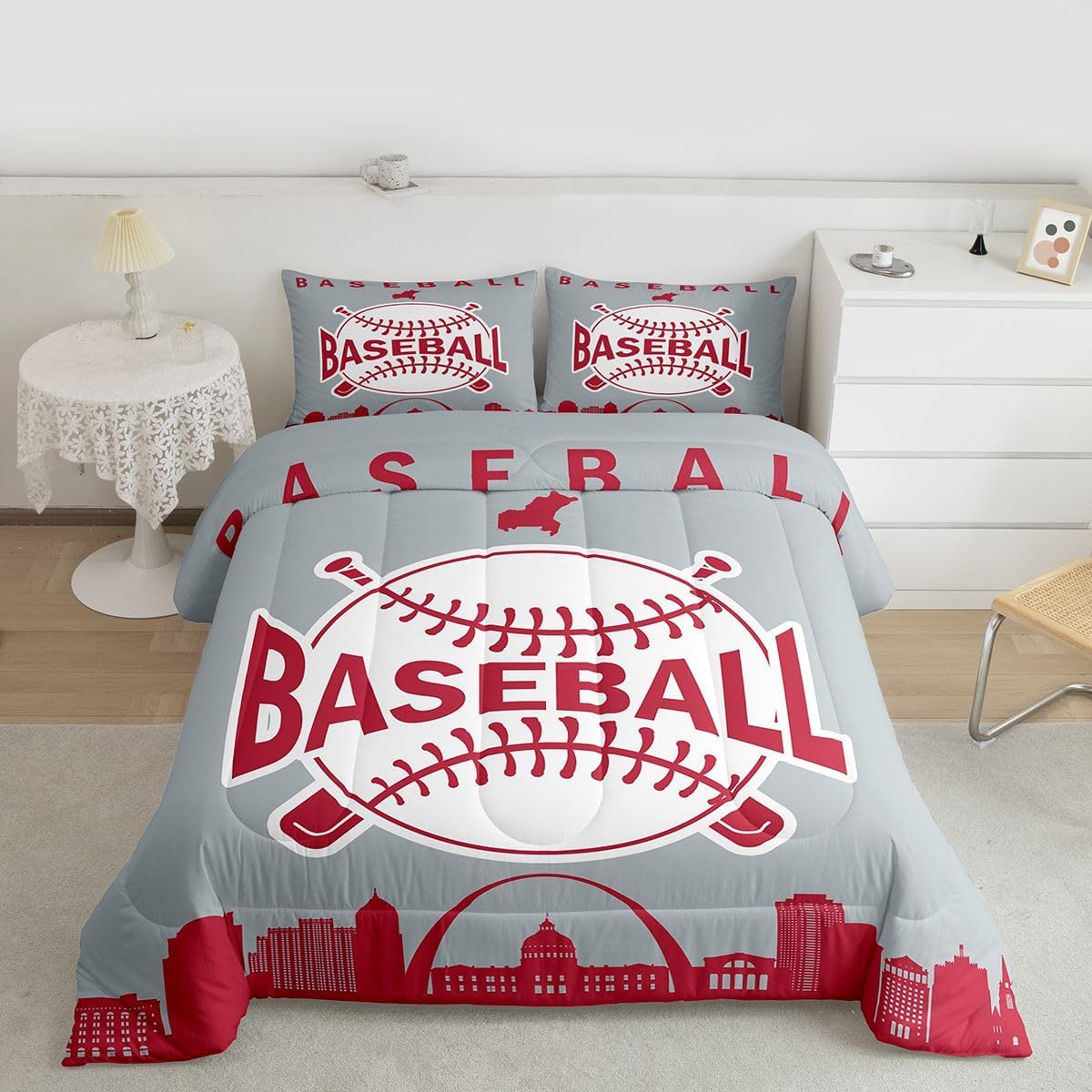 Erosebridal Kids Baseball Quilt for Queen Bed, Baseball City Comforter Set Sports Ball Games Bedding Set for Boys Teens Adult, City Building Silhouette Bedding Comforter Sets, Red Grey