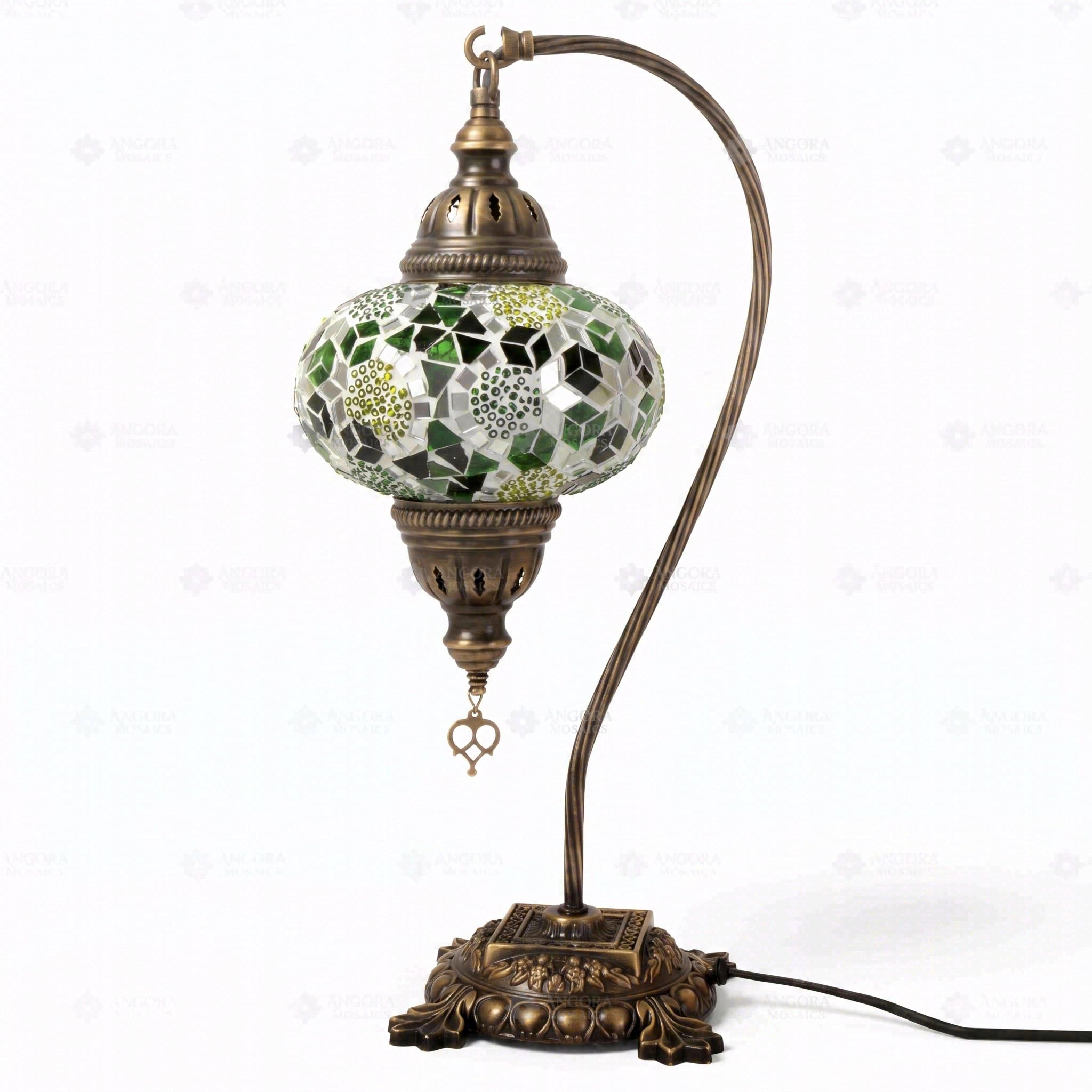 ENVA Lampada da tavolo a mosaico verde – Lampada a mosaico turco – Lampada da scrivania a collo di cigno – Lampada da comodino marocchina fatta a mano, vetro geometrico verde smeraldo e