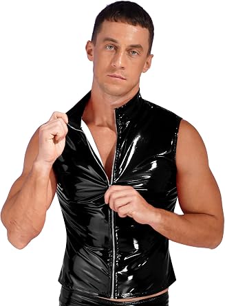 ACSUSS Mens PVC Wet Look Leather Sleeveless Vest T-Shirt Hooded Tank Top Clubwear