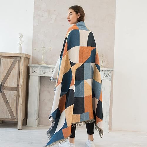 Miniatura 5 de Luxlovery Manta bohemia beige para sofá, manta de tejido étnico, bohemio, geométrico, multicolor, azul y naranja, manta para sofá, manta azteca,