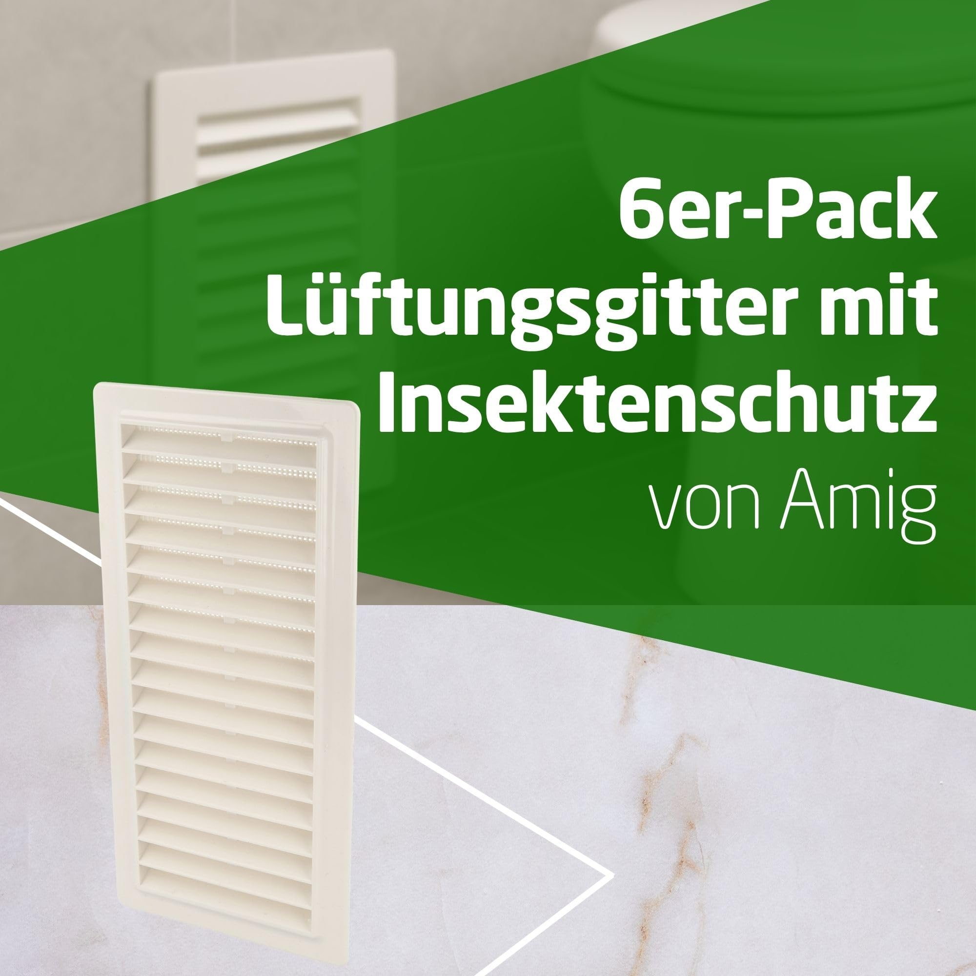 Amig - 6er-Pack rechteckige Kunststoff-Lüftungsgitter mit Insektenschutz - Lüftungsgitter für Luftaustritt - Ideal für Küchen- und Badezimmerdecken - Maße: 200 x 120 mm - Farbe: Weiß
