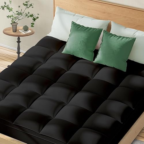 Topllen Full Mattress Topper for Back Pain Relief, Extra Thick Pillow Top Plush Mattress Pad with Deep Pocket, Soft Pillowtop Full Size Bed Toppers Filled Fluffy Down Alternative, Black