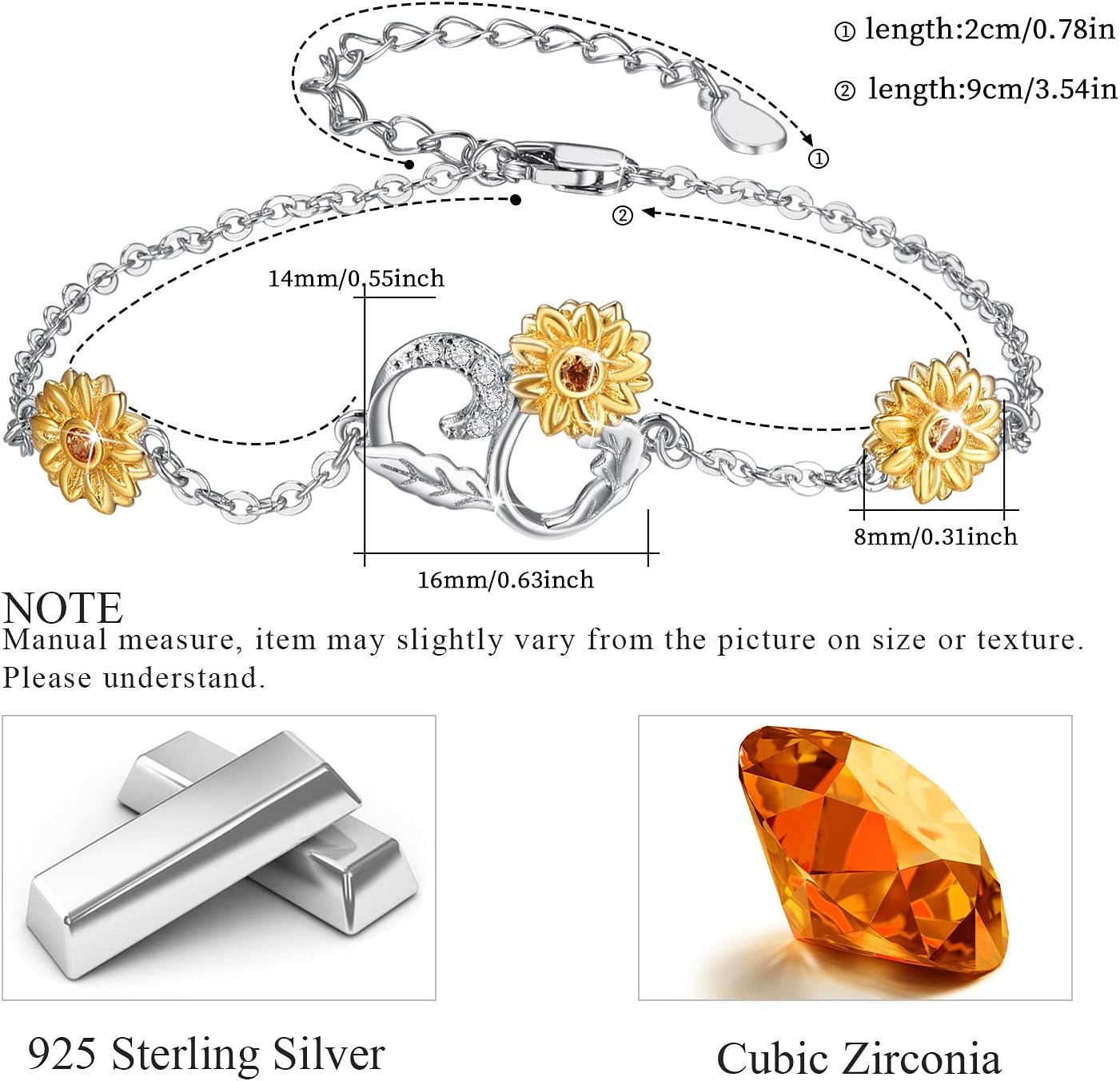 Cuoka Sunflower Bracelet 925 Sterling Silver Sunflower Jewelry For Women Girlfriend with Box - Image 2