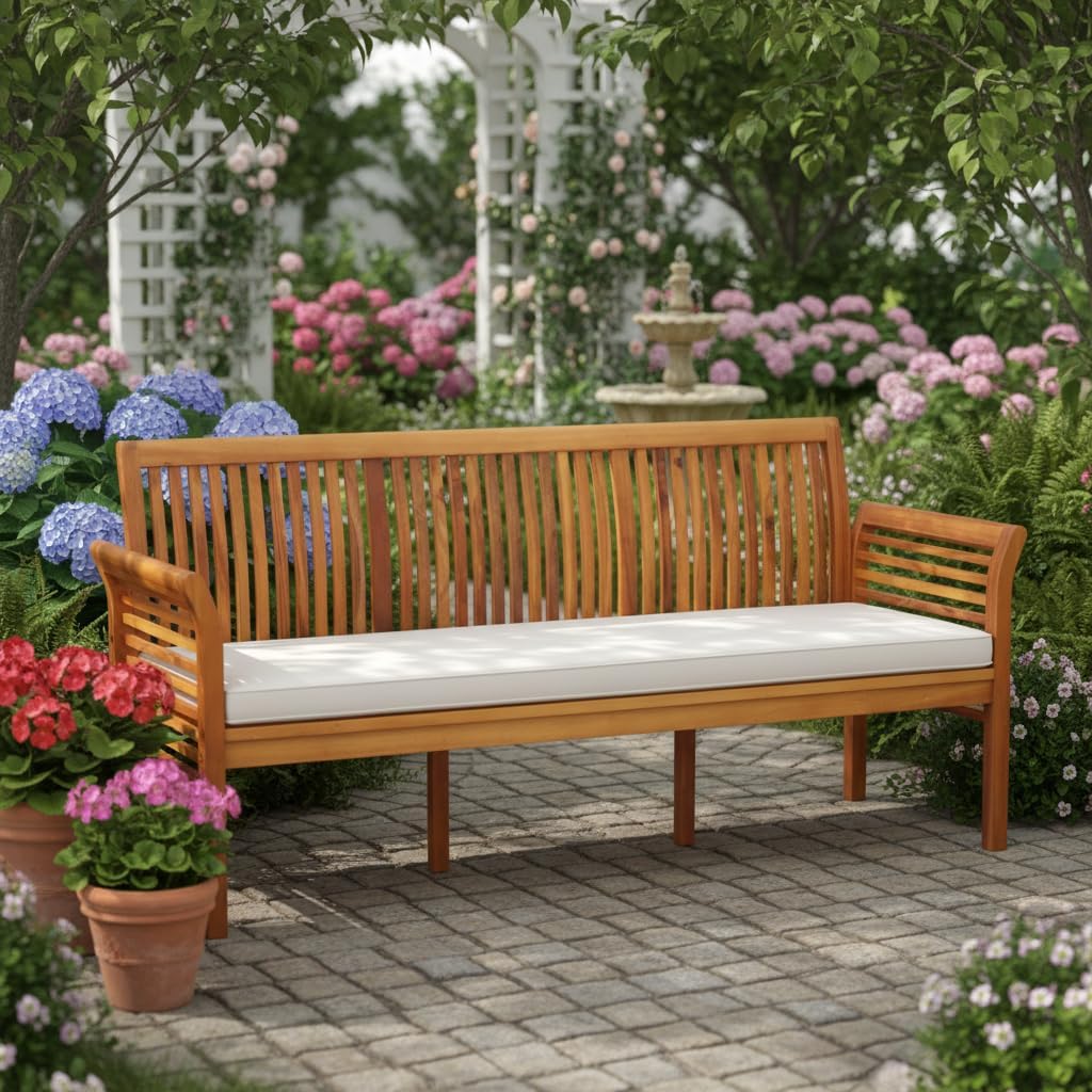 Tangkula 3-Seat Patio Acacia Wood Bench with Cushion, 62.5” Extra Long Outdoor Chair with Dense Slatted Backrest & Armrests, 1200 lbs Weight Capacity, Outside Bench for Yard, Balcony, Porch & Garden