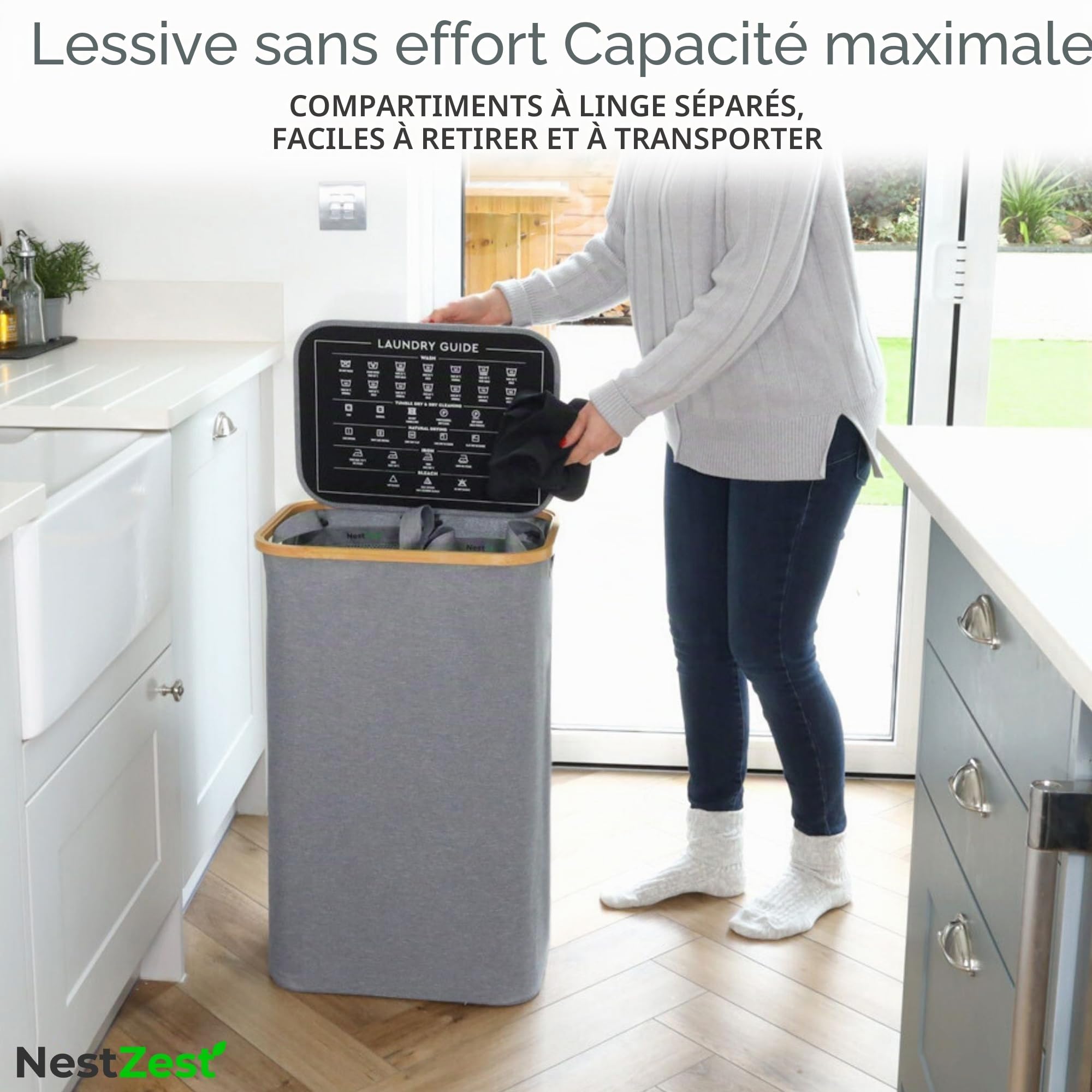 Nest Zest Panier à linge double de 100 l avec couvercle, 2 compartiments pour trier le lavage, panier à linge avec guide d'entretien et 2 sacs intérieurs amovibles, panier à vêtements sales avec