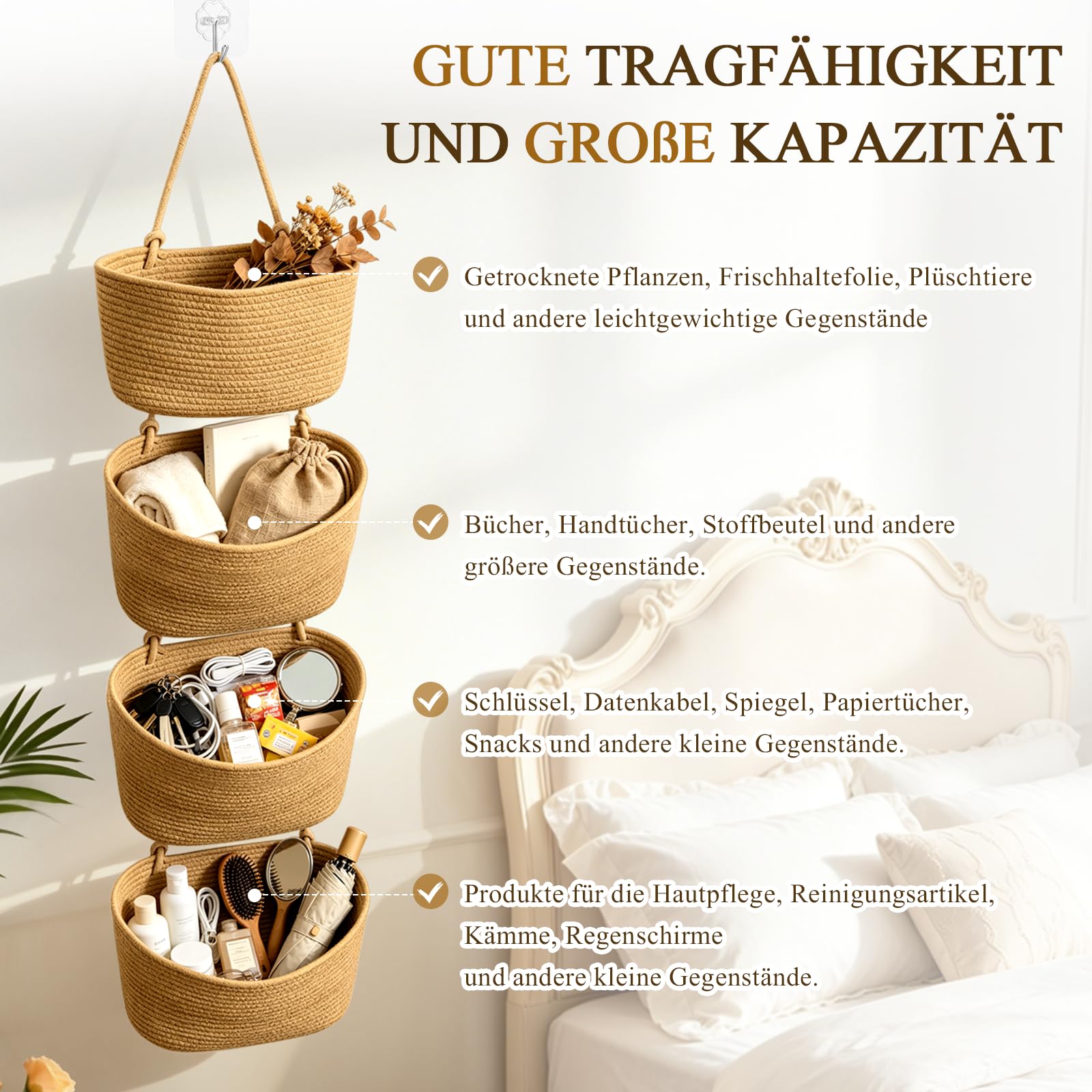 Tür Organizer hängend 4-stöckig, Khaki | Hängekorb aus Baumwollseil, Mit 4 Haken ohne Bohren, 2 verstellbare Cliphaken, Für Küche, Bad, Schlafzimmer