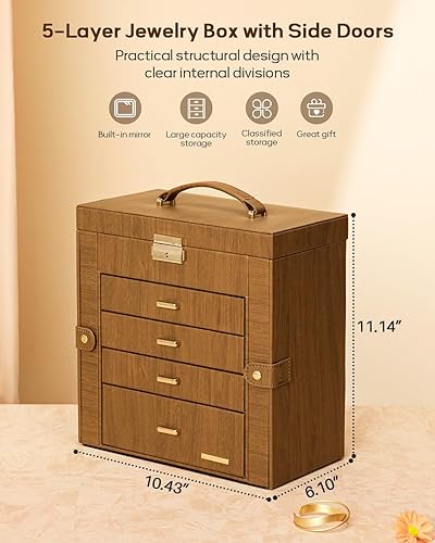 Miniatura 11 de Homde Regalos de Navidad de cuero sintético, enorme joyero, organizador de reloj con espejo, collar, anillo y aretes, estuche de regalo con Dorado