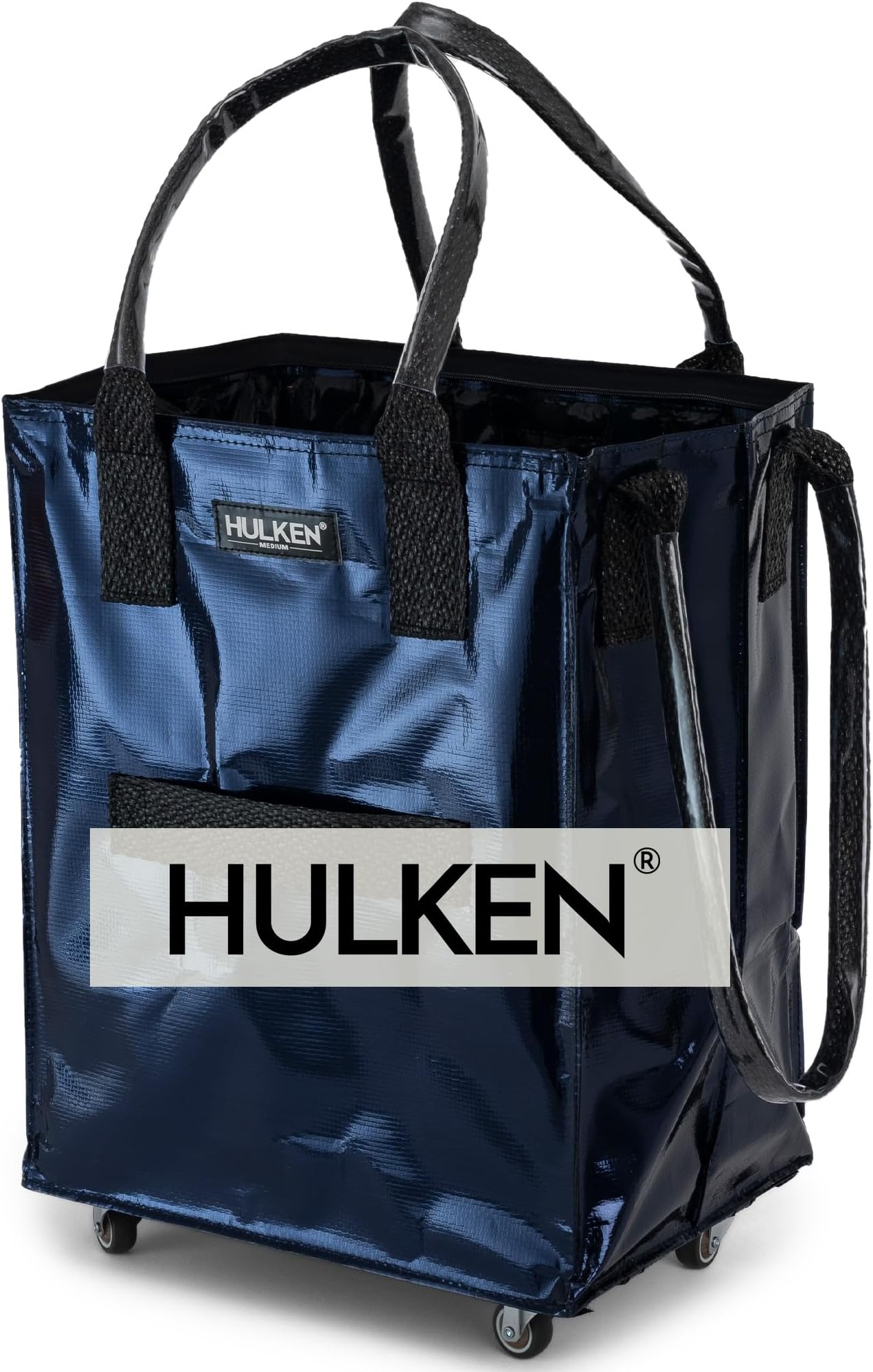 HULKEN - (Medium, Midnight Blue) Reusable Grocery Bag On Wheels, Shopping Trolley, Rolling Tote, Zipper Closure, Lightweight, Carries Up to 66 lb, Folds Flat, Unbreakable Handles