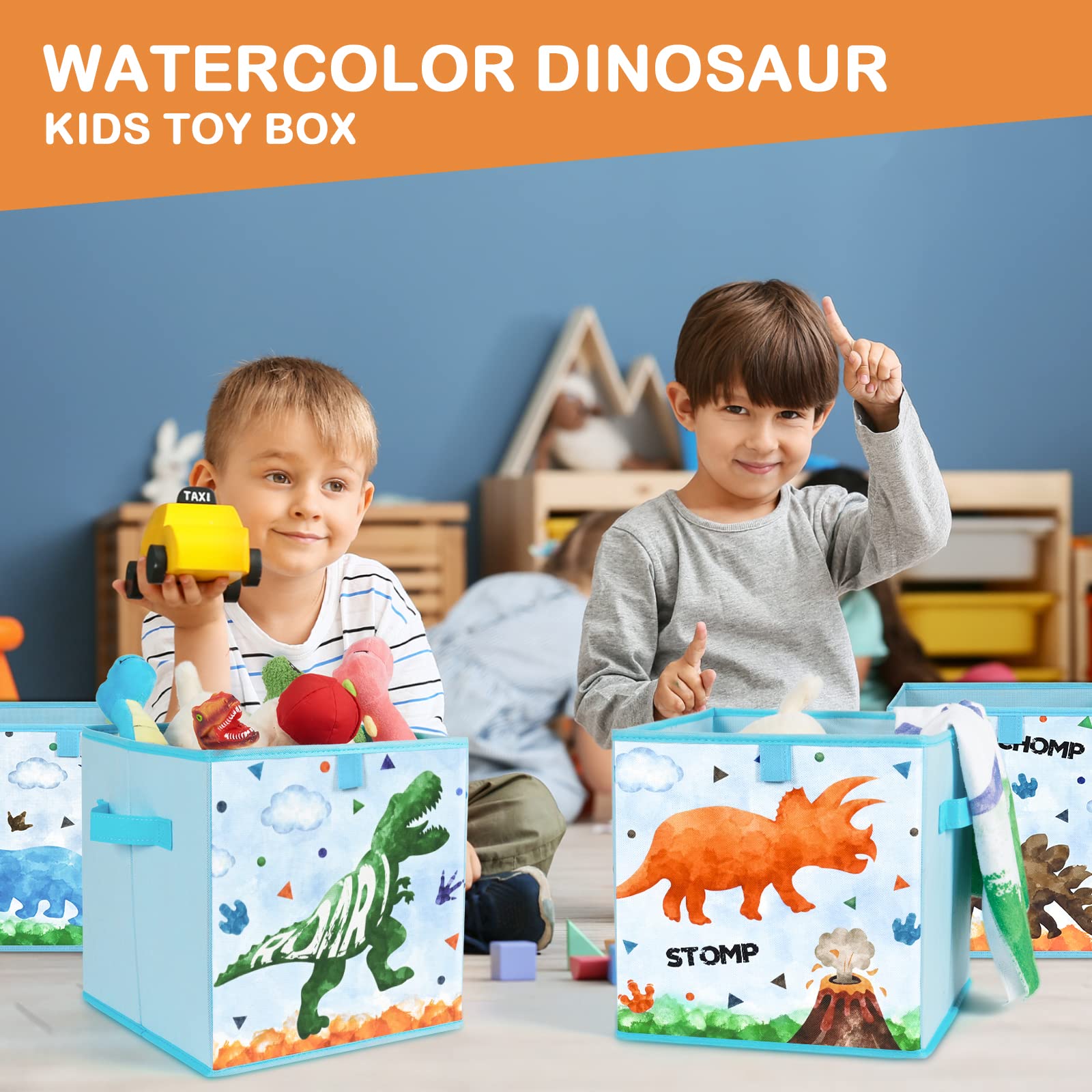 WERNNSAI Dinosaurier Aufbewahrungsbehälter - 4er-Pack Faltbare Aufbewahrungswürfel aus Stoff Organizer für Kinder Dekorative Aufbewahrungskörbe mit Griffen 28 cm Heimschrank Kinderzimmer Schlafzimmer