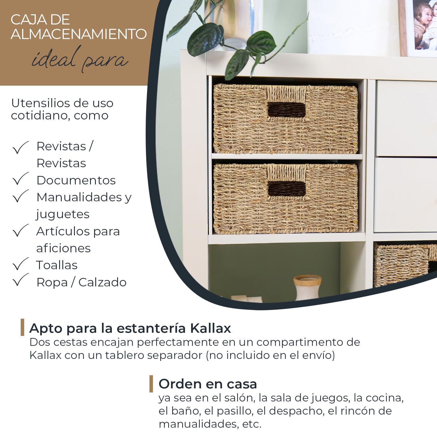 HMF Cesta de almacenamiento compatible con KALLAX medio compartimento, cesta trenzada de algas marinas con asas | set de 2 | 30 x 34 x 15 cm | Natural