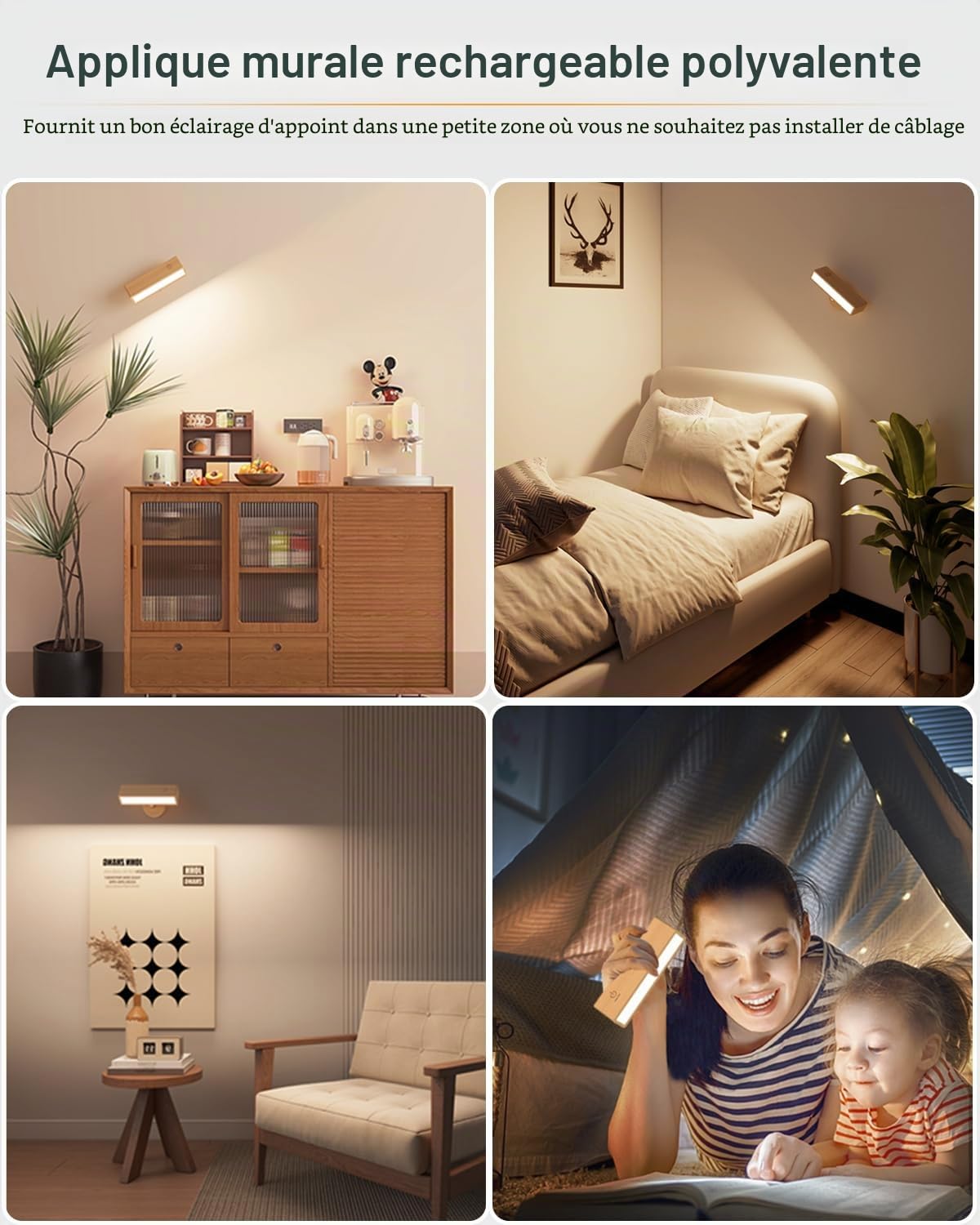 DetarZinLED Lot de 2 Applique Murale Intérieure Bois, Lampe Murale Sans Fil Rechargeable USB, Réglage de Luminosité, Lampe de Chevet Tactile