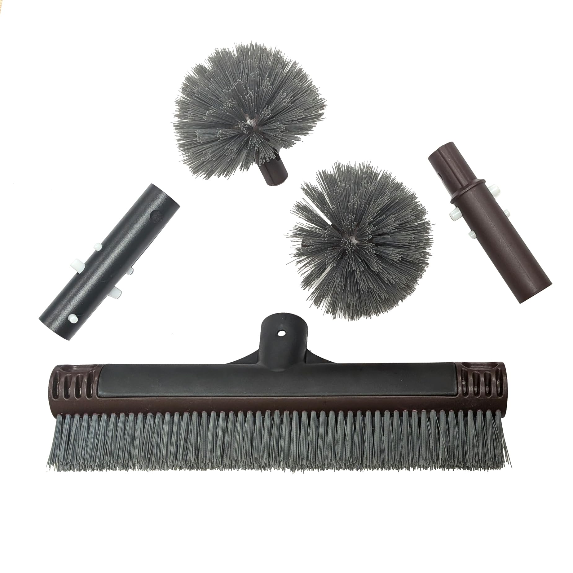 Kit de Limpieza Profesional conexión Clip para Piscinas Grandes - 1 Limpiafondos + 1 Pértiga + 2 Recogehojas + Cepillo Multiusos