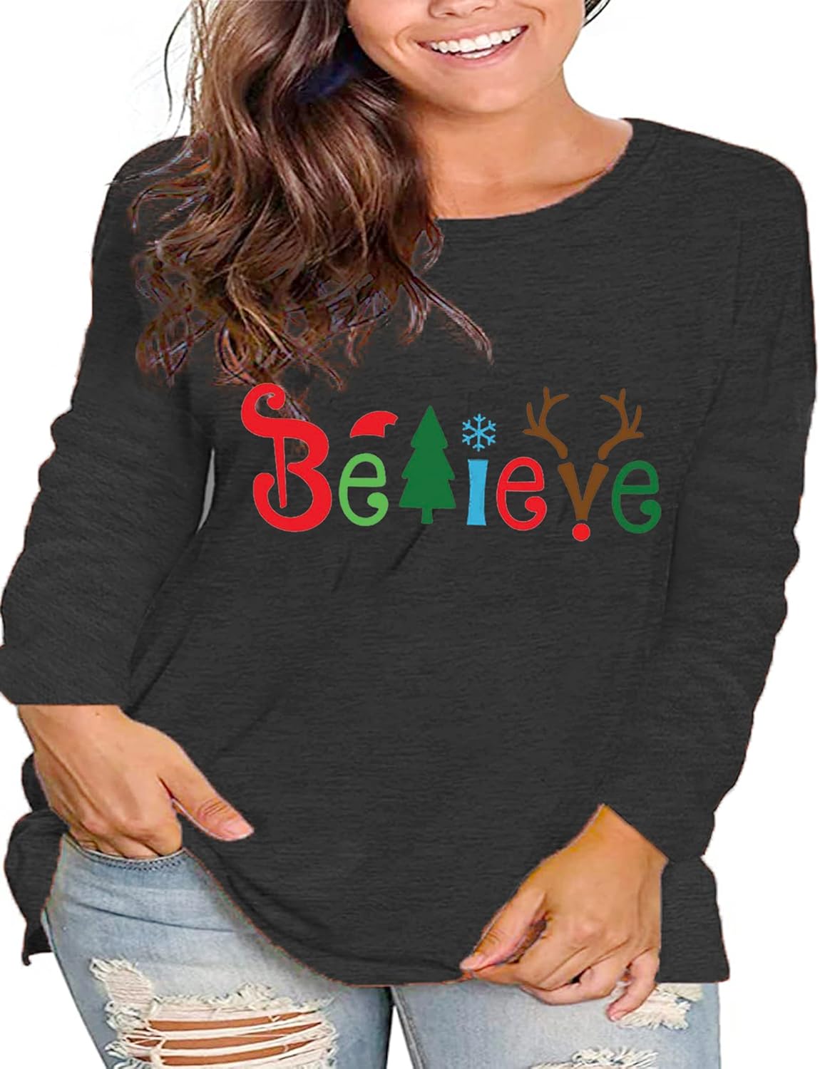 Plus Size Christmas Shirt Women Merry and Bright Long Sleeve Merry Christmas Long Sleeve Xmas T Shirts Tops - Image 2