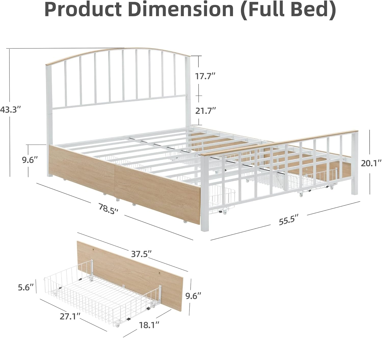GAOMON Full Bed Frame with Headboard, Full Metal Platform Bed Frame with Large Storage Space, No Box Spring Needed, Noise Free,White