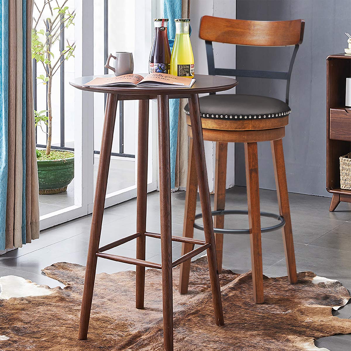 COSTWAY Bar Stools Set of 2, 360Degree Swivel Stools with Leather Padded Seat, Single Slat