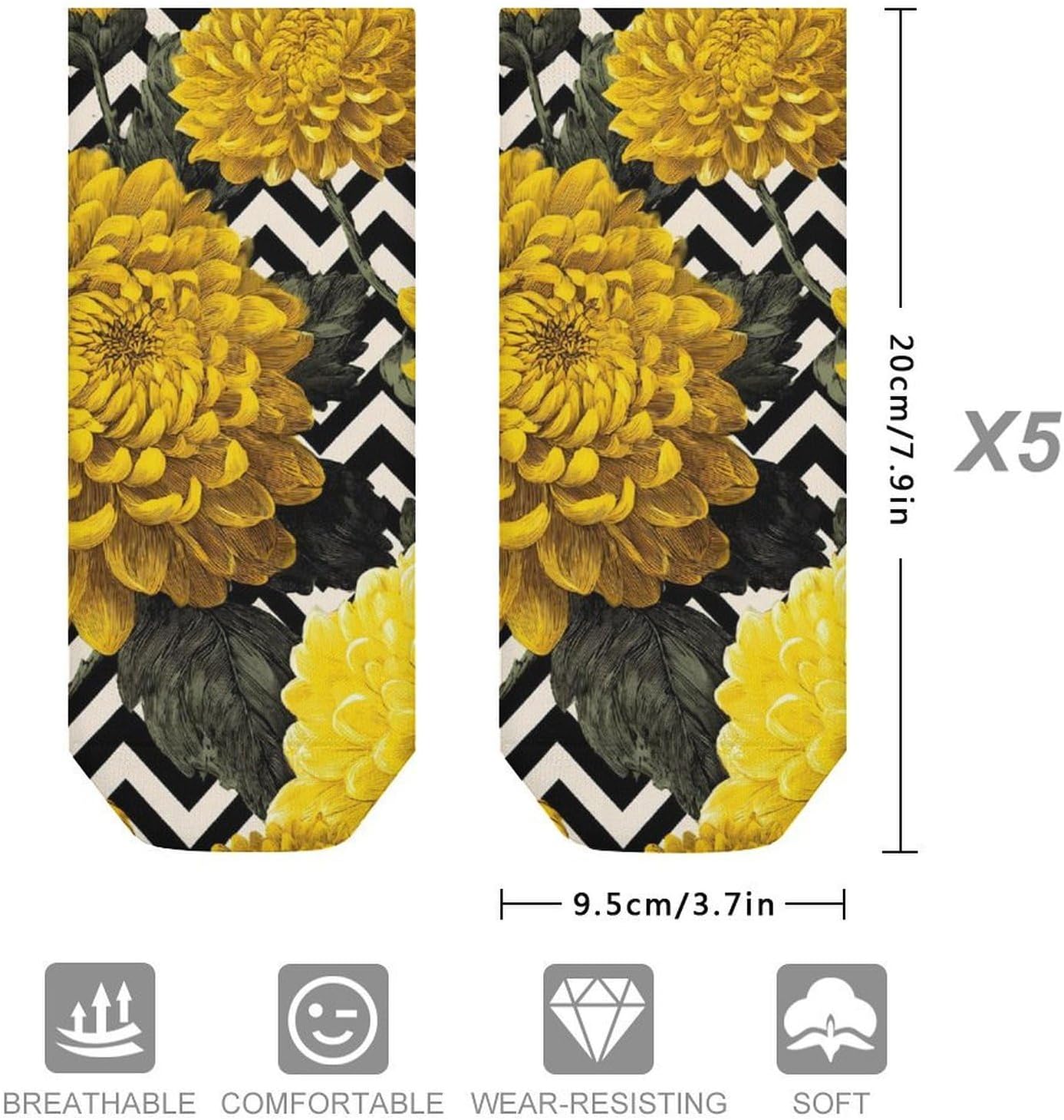 Yellow Chrysanthemum Flowers Stripes No Show Ankle Socks Low Cut Non Slip Flat Boat Line 5 Pairs Set