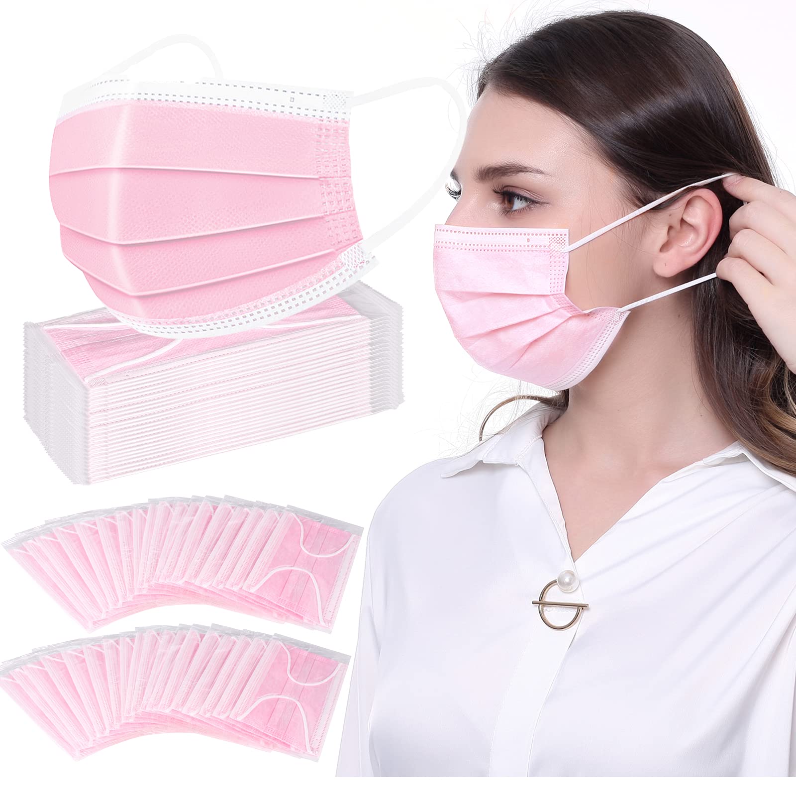 SevJink 100pcs Disposable Face Mask Pink Individually Wrapped Face Masks Comfortable Elastic Ear Loop Mask Breathable Safety Mask Mouth Cover Women Cute Pink Comfy Masks
