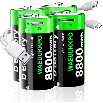 Rechargeable D Battery, 8800 mWh High Capacity Lithium D Cell Batteries with USB-C Charging Cable, 1.5 V D Size LR20 Replacem