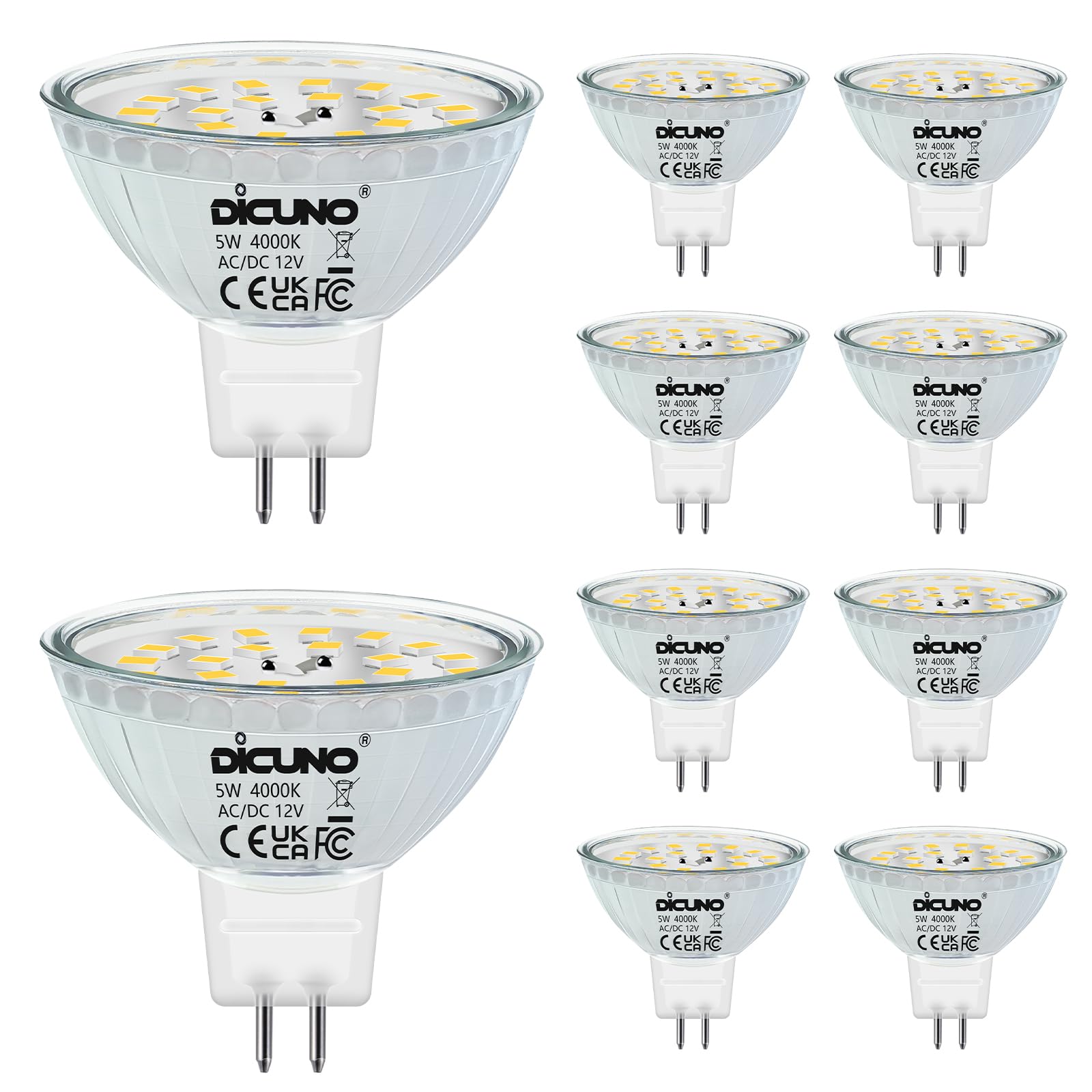 DiCUNO GU5.3 LED Lampen 5W, 12V MR16 Reflektor, Ersetzt 50W Halogen Spots, 4000K Neutralweiß, 500lm, 120°Abstrahlwinkel, LED Leuchtmittel, AC/DC, Flimmerfrei, Nicht dimmbar, 10er Pack
