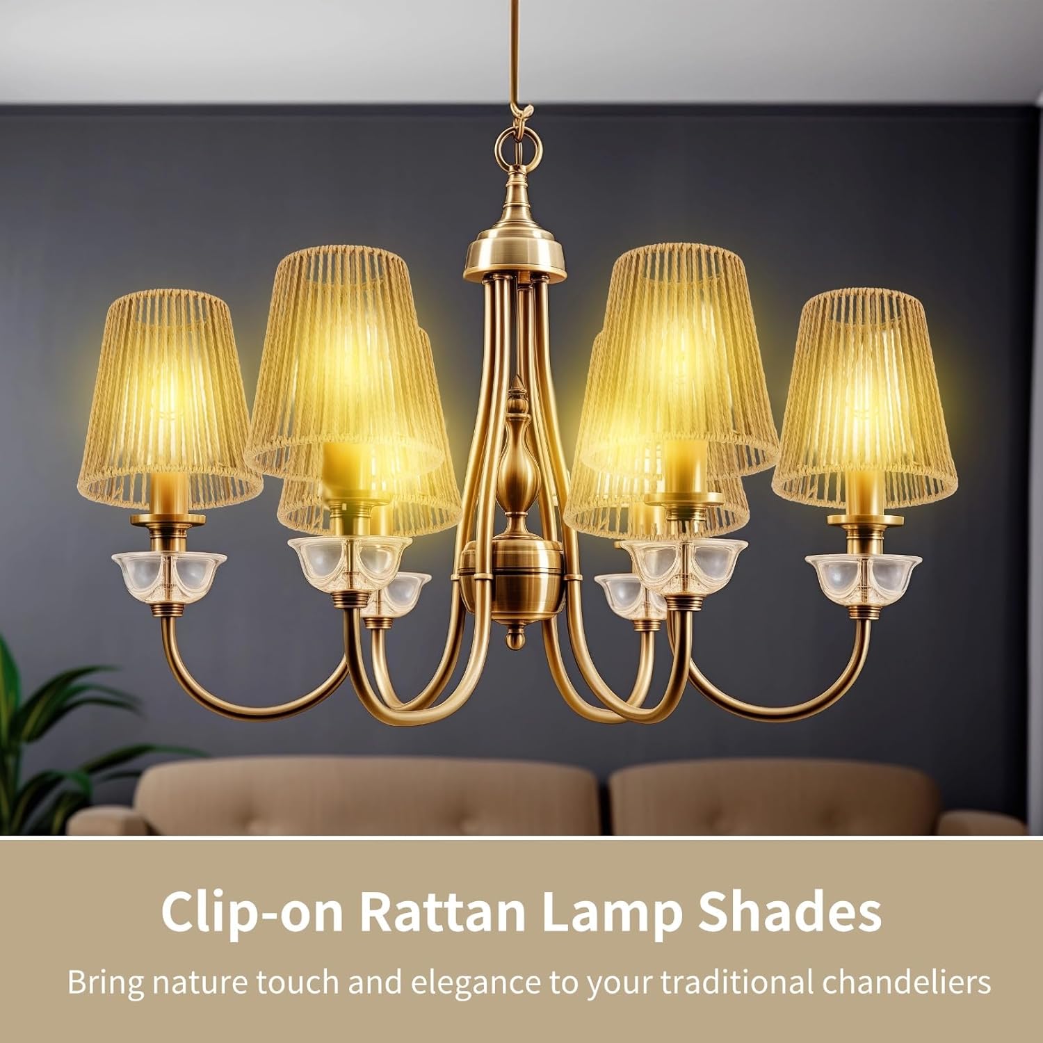 3PCS Chandelier Lamp Shades,Rattan Lamp Shade Clip-on Rattan hanging lamp Shade,Natural Touch Hand Woven Lampshade for Chandeliers, Pendants, Wall Sconces, 3.9 x 5.6 x 5.4 in