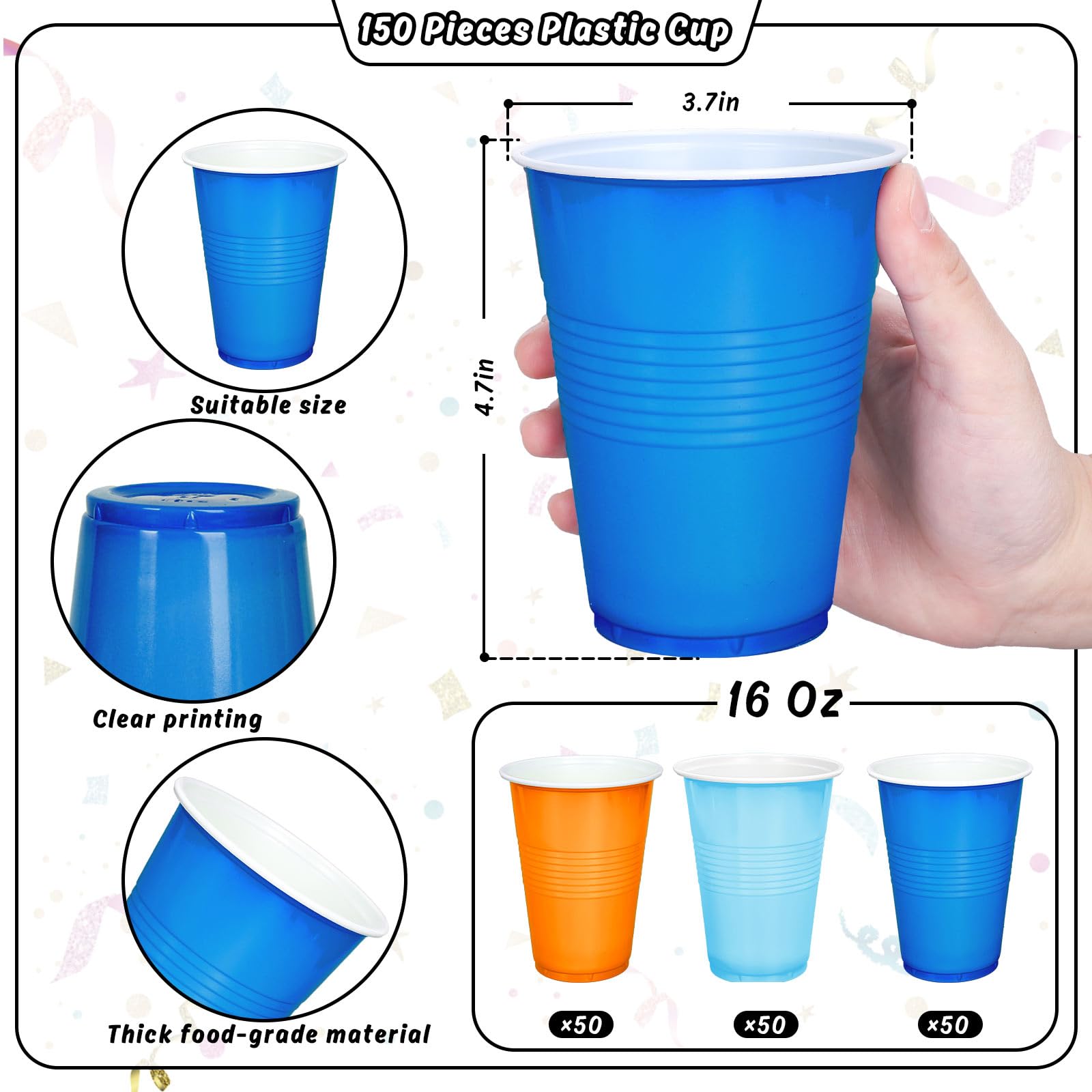 JarThenaAMCS Einweg-Trinkbecher, stapelbar, Partybecher für Welpen, Hunde, Geburtstag, Babyparty, Camping, 473 ml, Orange / Blau, 150 Stück