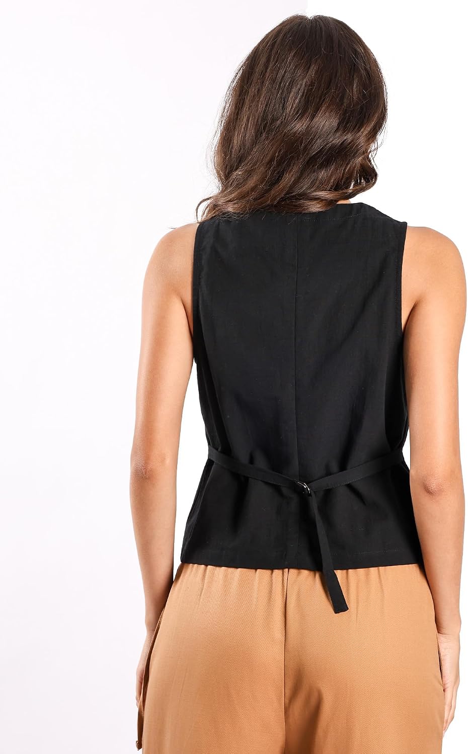 Womens Linen Cotton Vest Waist Tie V Neck Sleeveless Button Down Waistcoat Vest