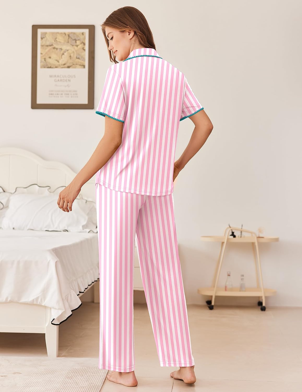 Ekouaer Women's Pajama Sets Button Down Loungewear Short Sleeve Sleepwear 2 Piece Pants Pjs Set with Pockets S-XXL