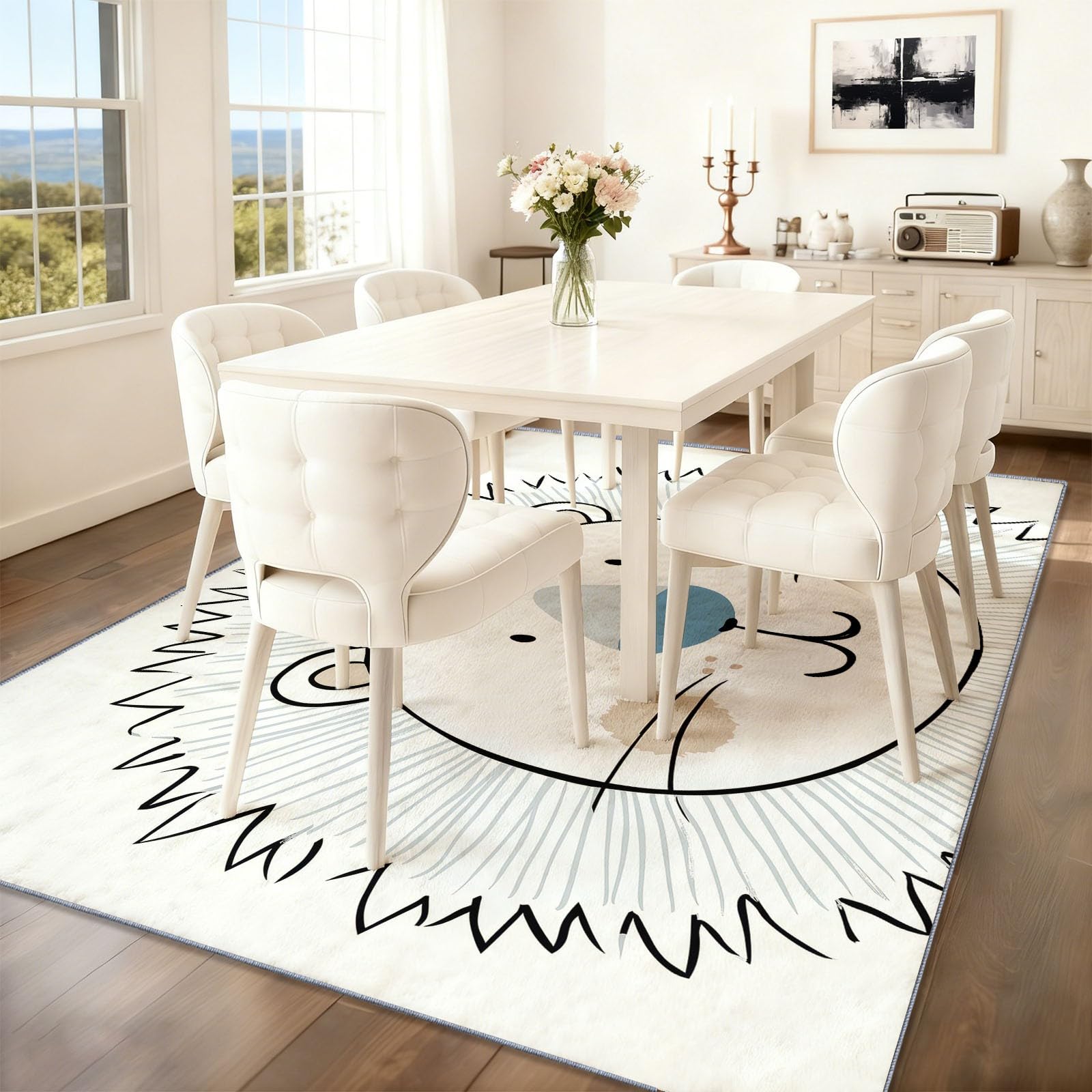 Tapis de Salon Lavable en Machine Blanc Dessin Animé Lion Dessin Au Trait Animal Faible Poil Antidérapant avec Motif Imprimé Tapis Chambre pour la Chambre à Coucher, 80 x 150 cm