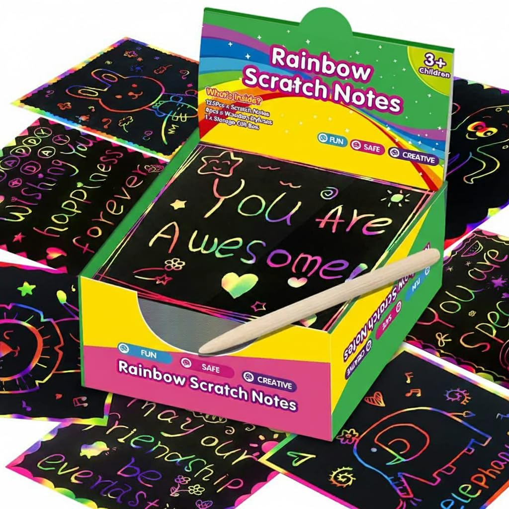 KASTWAVE Rainbow Scratch Mini Art Notes - 125 Magic Scratch Paper Note Cards for Kids Toy Arts Crafts DIY Party Favor Supplies for Girls Boys Birthday Halloween Christmas Stocking Stuffer Gift Box