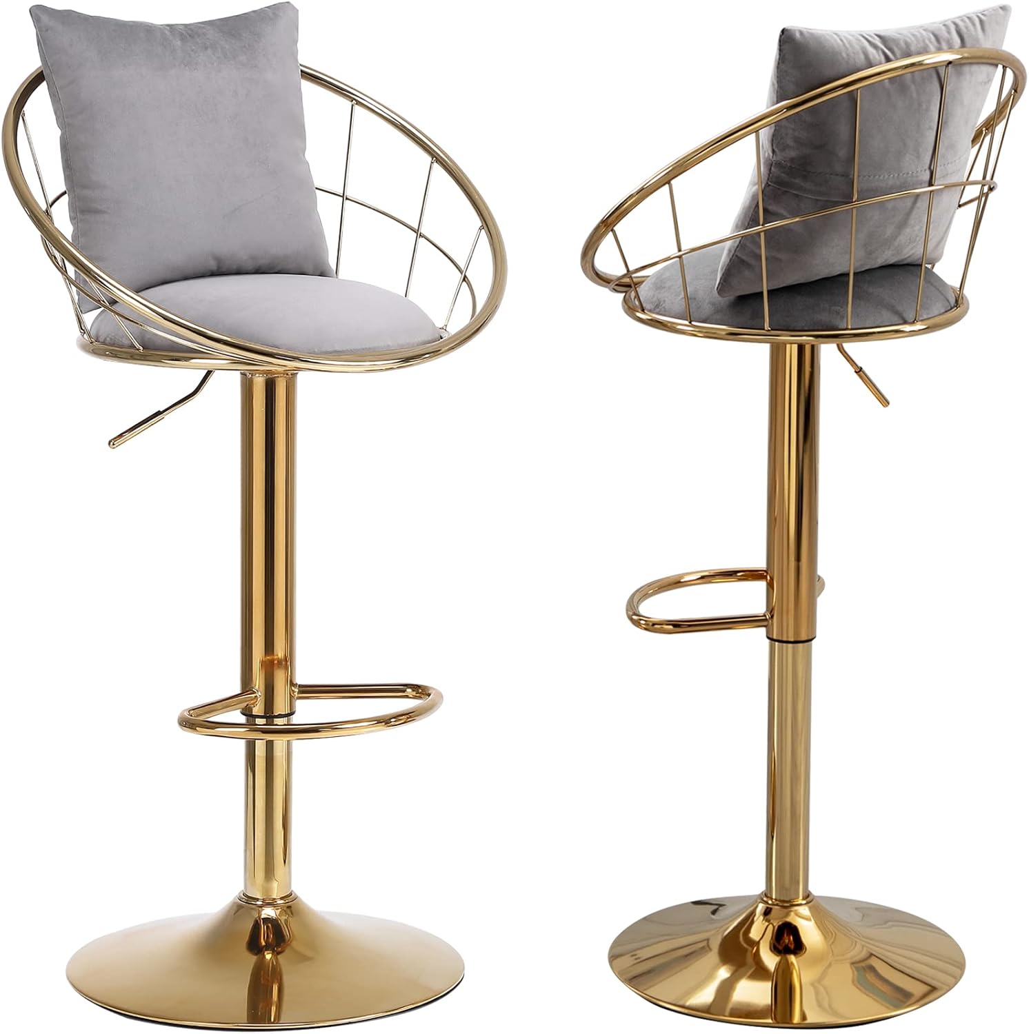 Homtique Bar Stools Set of 2, Velvet Counter Height Bar Stools with Back, Adjustable Height Barstools with Gold Base & Pillow, Swivel Bar Chairs for Kitchen Island, Dining Room,Pub (Grey)