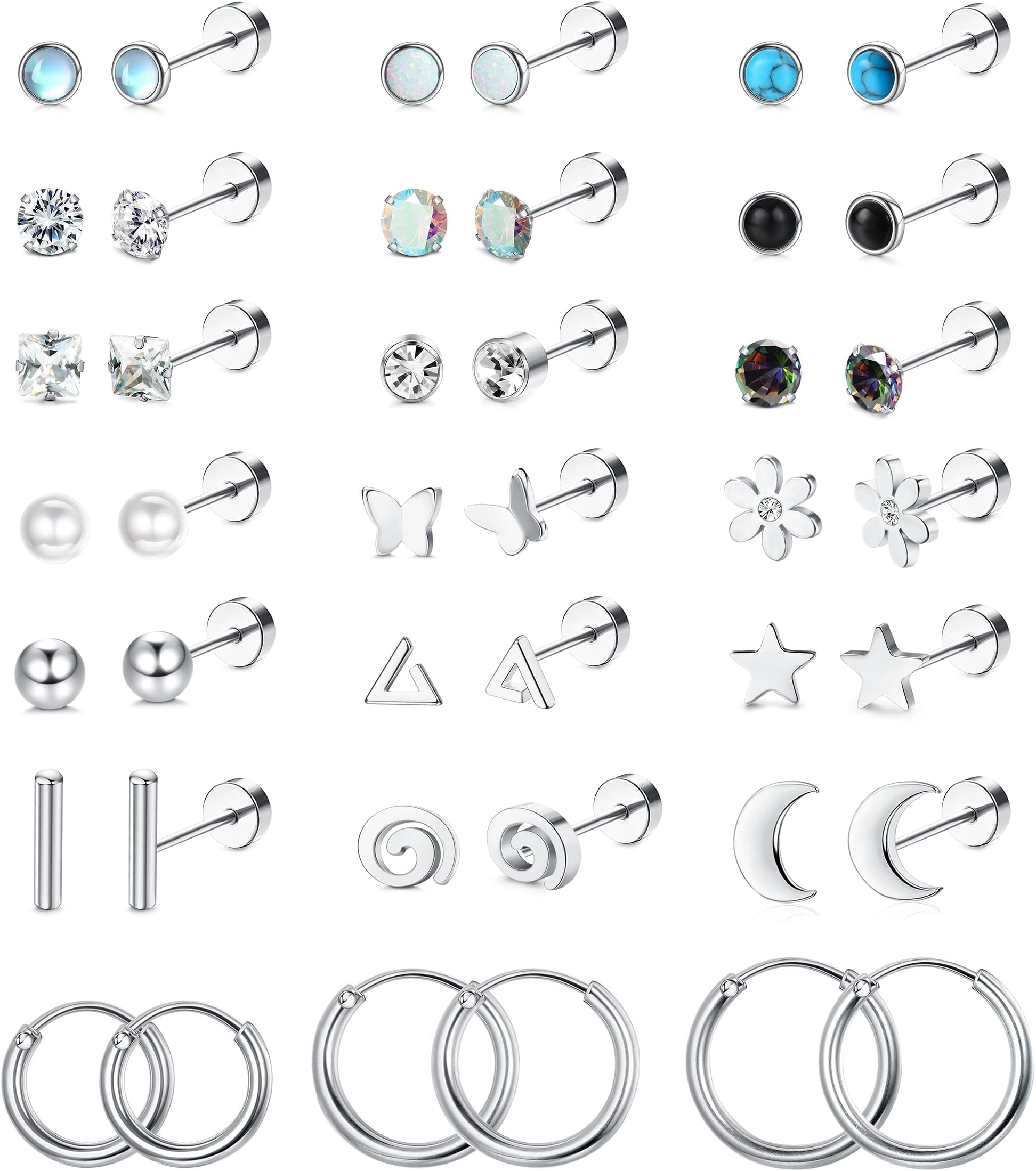 21Pairs Surgical Steel Flat Back Earrings Hypoallergenic 20G Screw Back Nap Stack Cartilage Earring Stacks