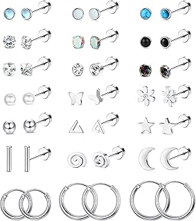 LOLIAS 21Pairs Surgical Steel Flat Back Earrings Hypoallergenic 20G Screw Back Nap Stack Cartilage Earring Stacks