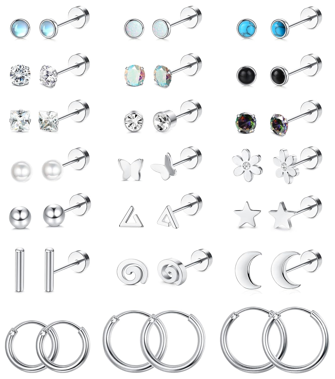 LOLIAS 21Pairs Surgical Steel Flat Back Earrings Hypoallergenic 20G Screw Back Nap Stack Cartilage Earring Stacks
