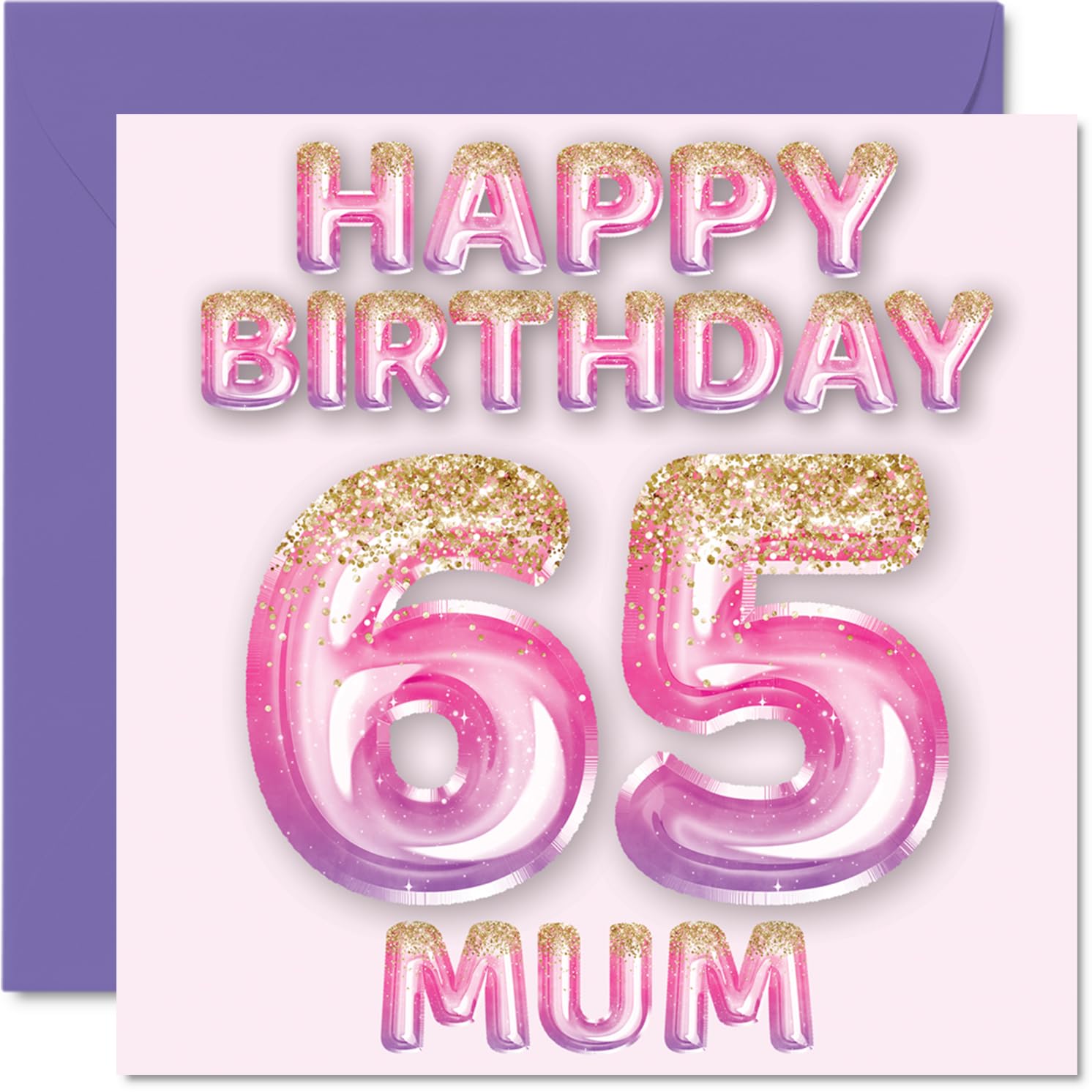 65th Birthday Card for Mum, Pink & Purple Glitter Balloons