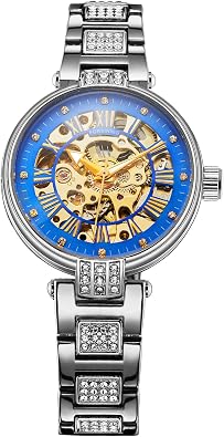 Automatic & Manual Womens Watch - Skeleton Dial, Transparent Case Back, Crystal-Studded Stainless Steel Bracelet with Butterfly Clasp