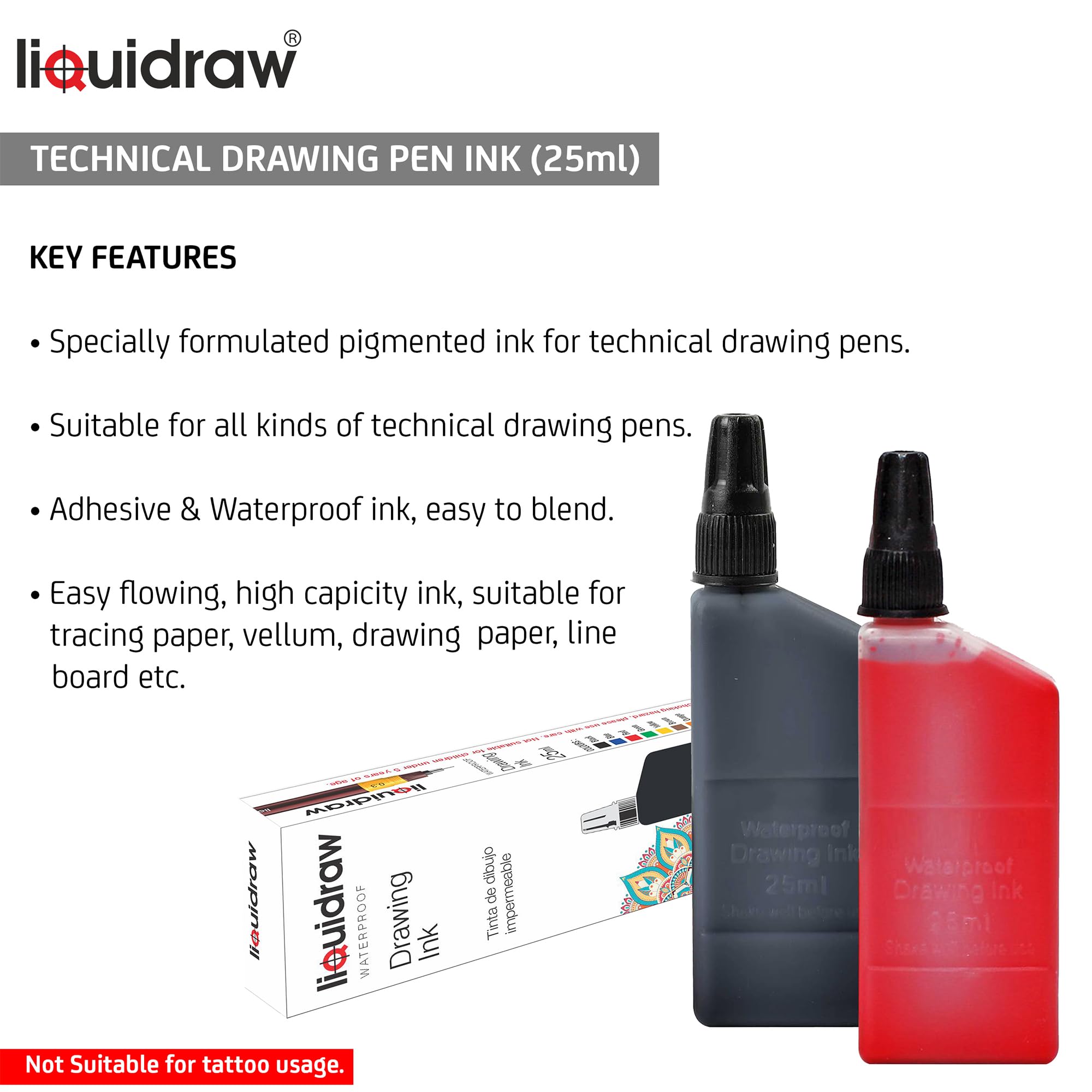 Liquidraw Technical Pen Encre à dessin étanche 25 ml Couleurs assorties (compatible avec les stylos Isographe Rotring) (10 couleurs assorties)