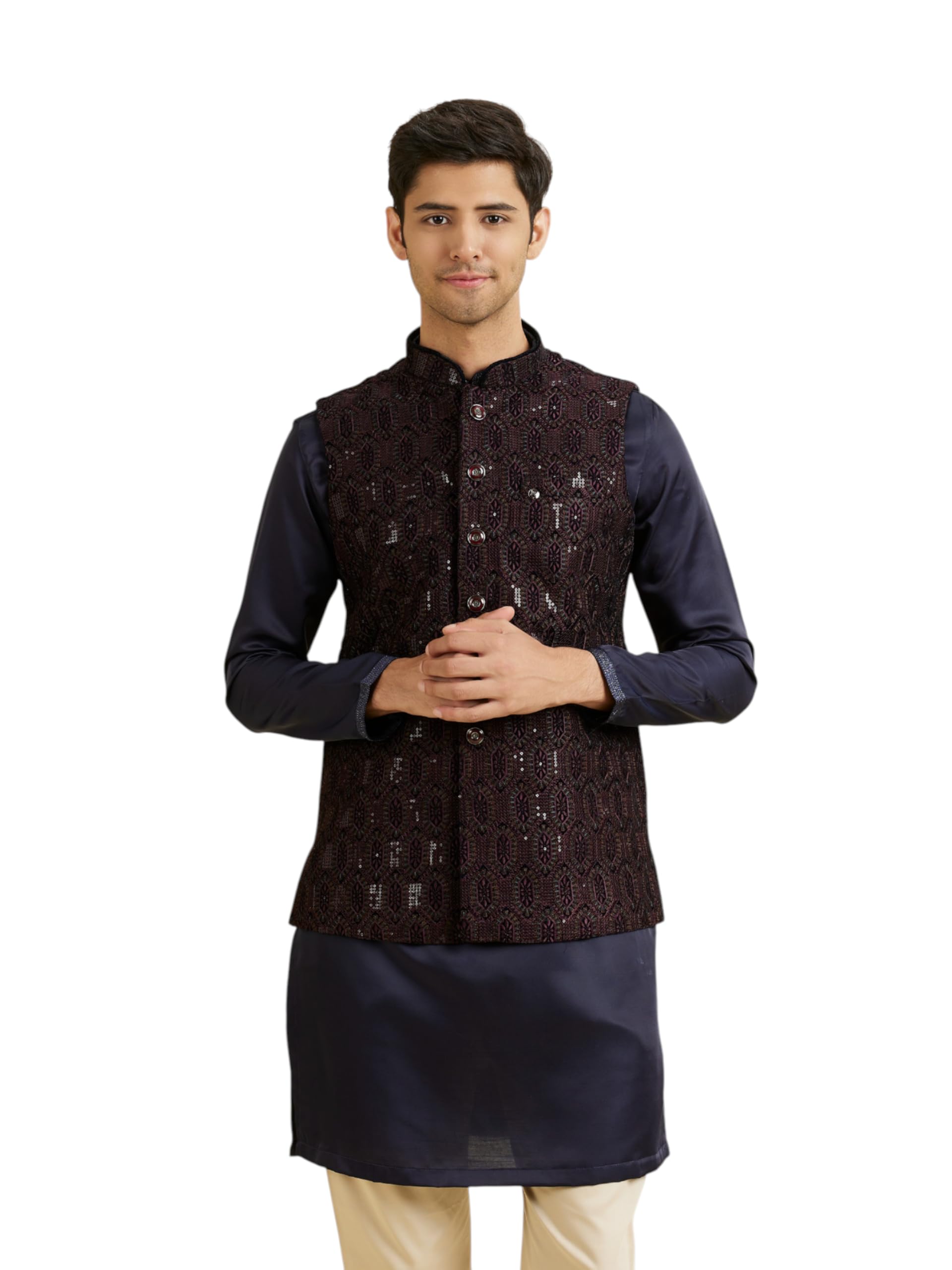 manyavar Men's Velvet Thread Embroidered Nehru Jacket (1pc)-picture-48