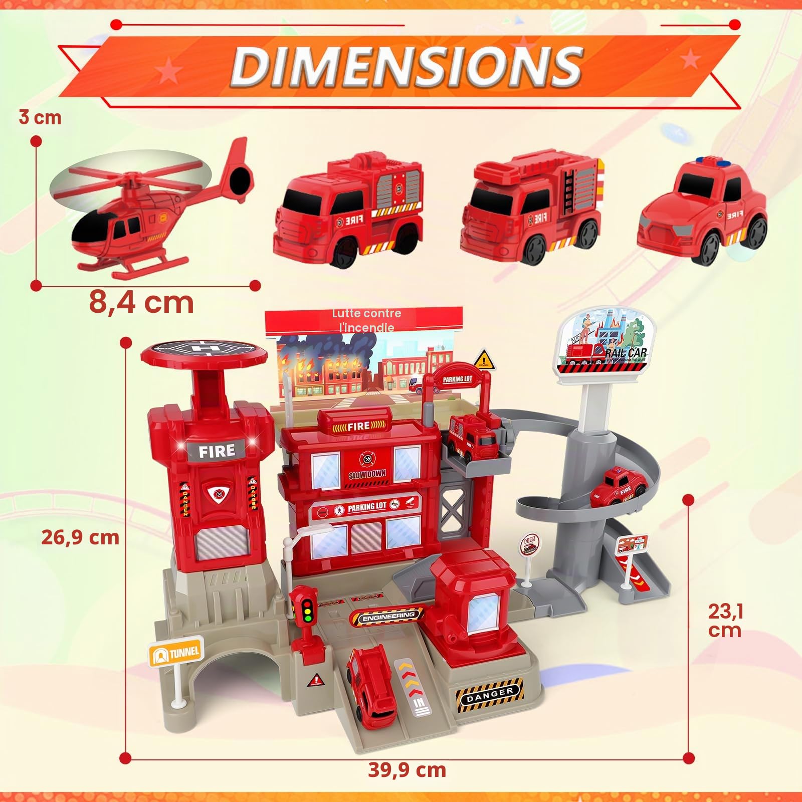 deAO Camion de Pompiers Jouet 2 Étages Dès 3 Ans – Caserne Garage avec Lumières et Sons, 3 Voitures et Hélicoptère, Jeu de Sauvetage et Cadeau Enfants
