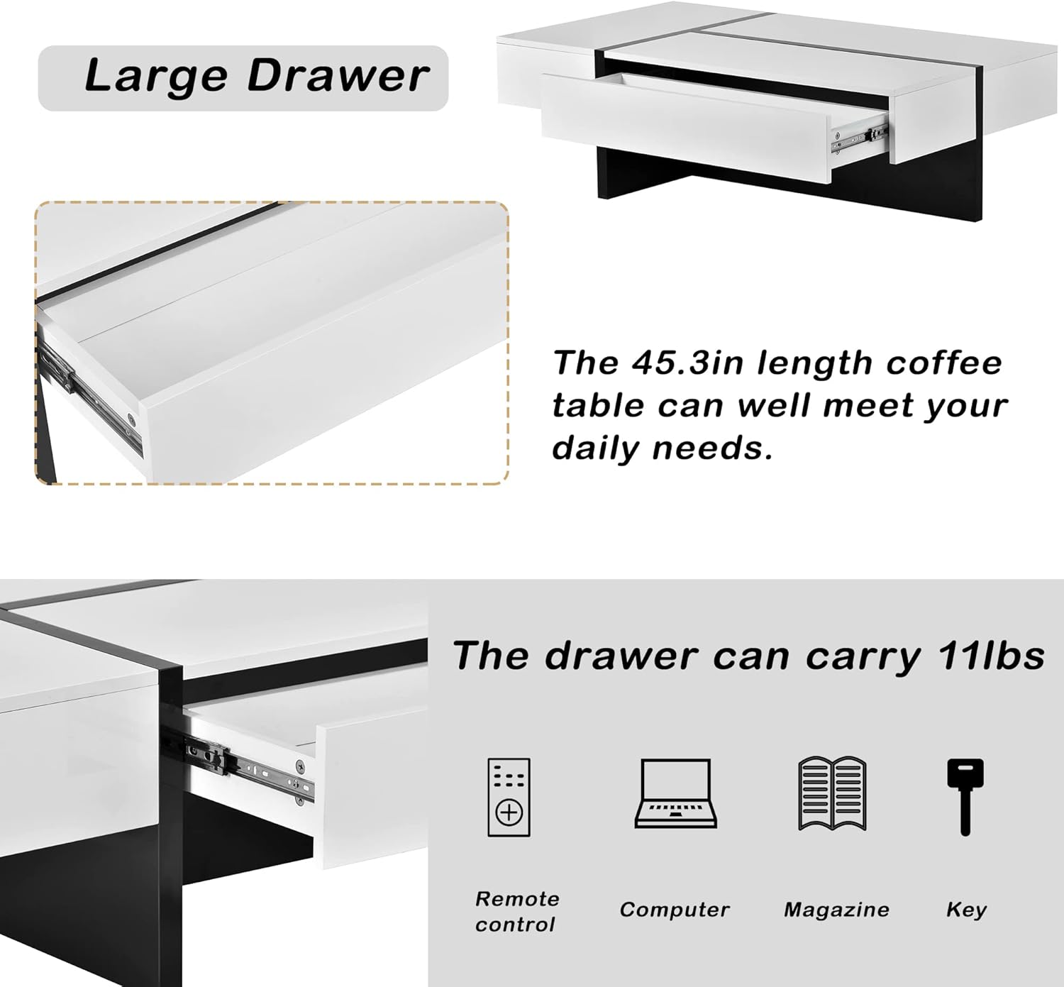 P PURLOVE Contemporary Modern Rectangle White Coffee Table with Drawer, Modern High Gloss Surface Cocktail Table, Center Table for Sofa