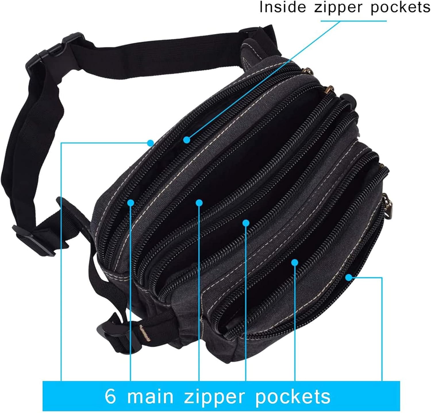 Large Bum Bag, Fanny Pack with 6 Zip Pockets, High Capacity Waist Bag Ideal for Hiking Cycling Travel Holidays Festivals Outdoor Sport