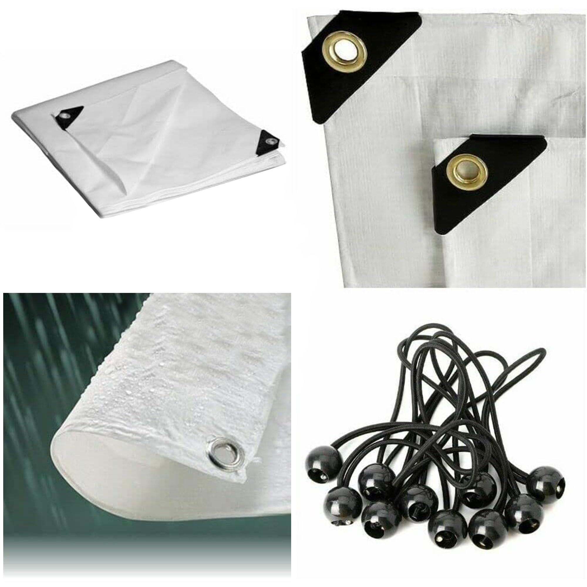 Pc Industries Ltd White 140Gsm Reinforced Tarpaulin, Eyelets Waterproof Cover 6 Free Bungees!! (1.5M X 2M)