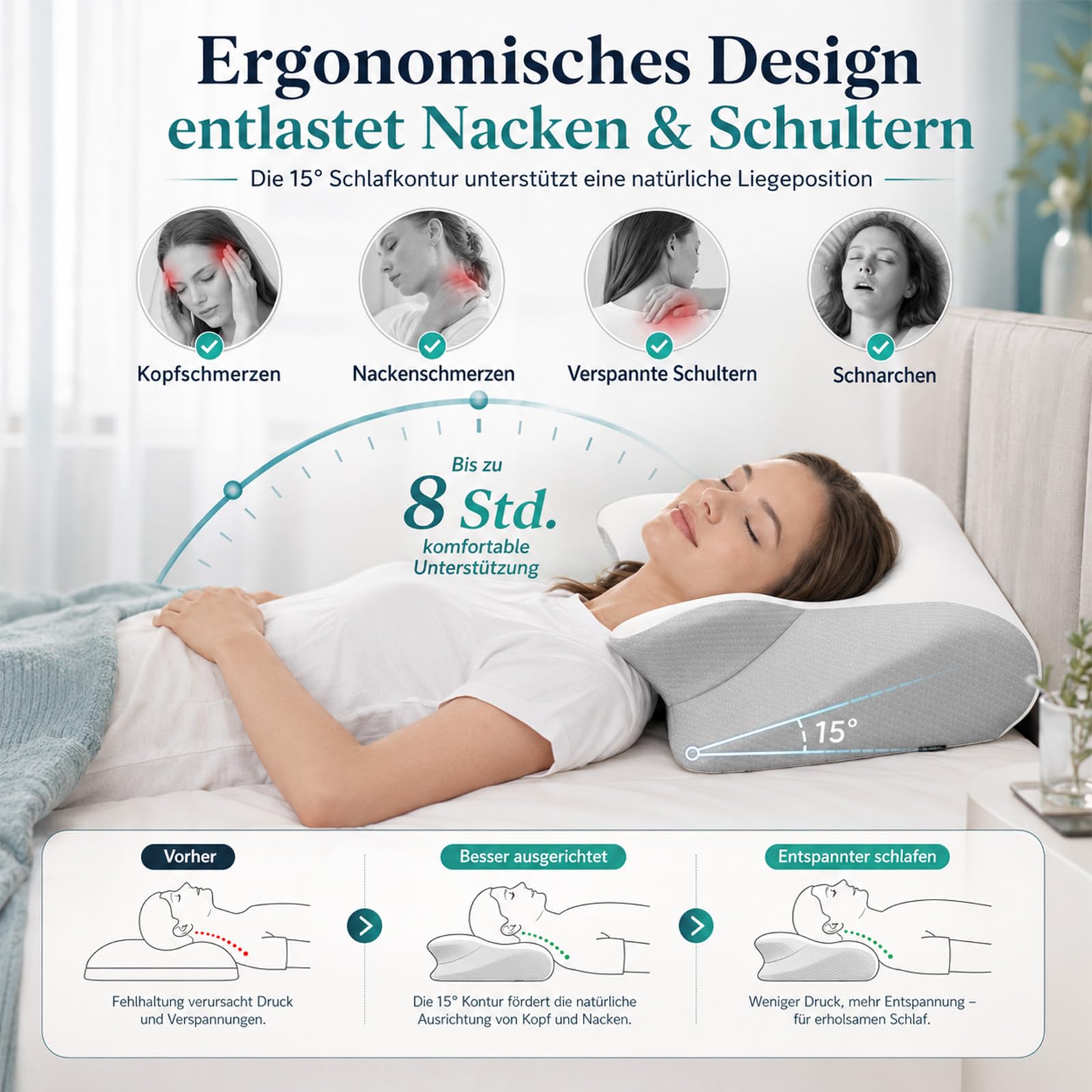Nucca Kissen, Ergonomisches Nackenstützkissen aus Dual-Density-Schaum | Drei Komfortzonen, seitliche Armaussparungen und waschbarer Bambusmix-Bezug für Rücken-, Seiten- und Wechselschläfer.