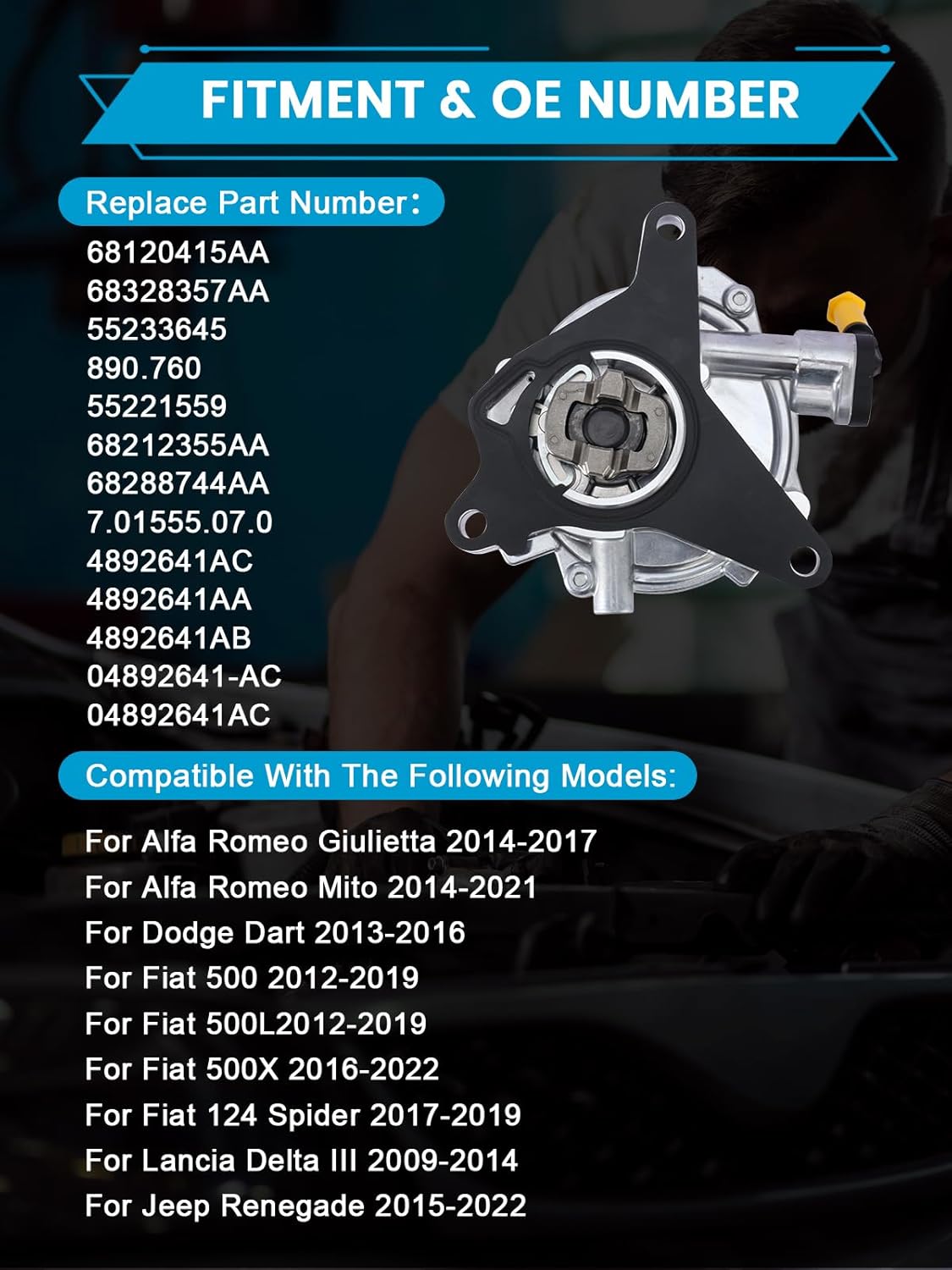 TAUTOY 68120415AA Brake Vacuum Pump 2009-2022 for Alfa Romeo Giulietta Mito,for Dodge Dart,for Fiat 500 500L 500X,for Fiat 124 Spider,for Jeep Renegade,Replaces 68212355AA,4892641AA,55233645